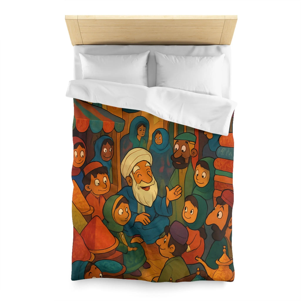 Housse de Couette Colorée Illustrant un Marché Animé avec Scène de Conteurs Traditionnels