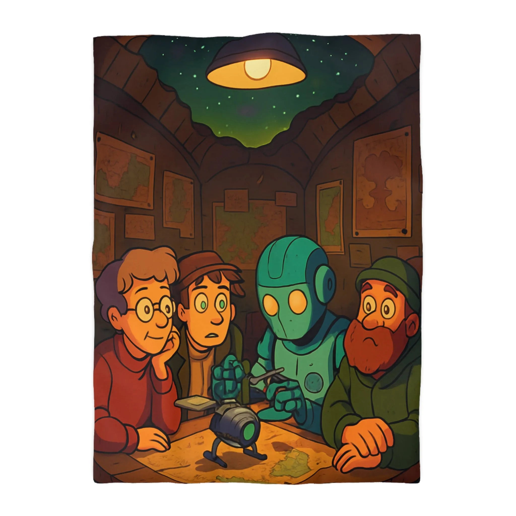 Housse de couette avec scène animée de nuit, stratégie autour de cartes et robot