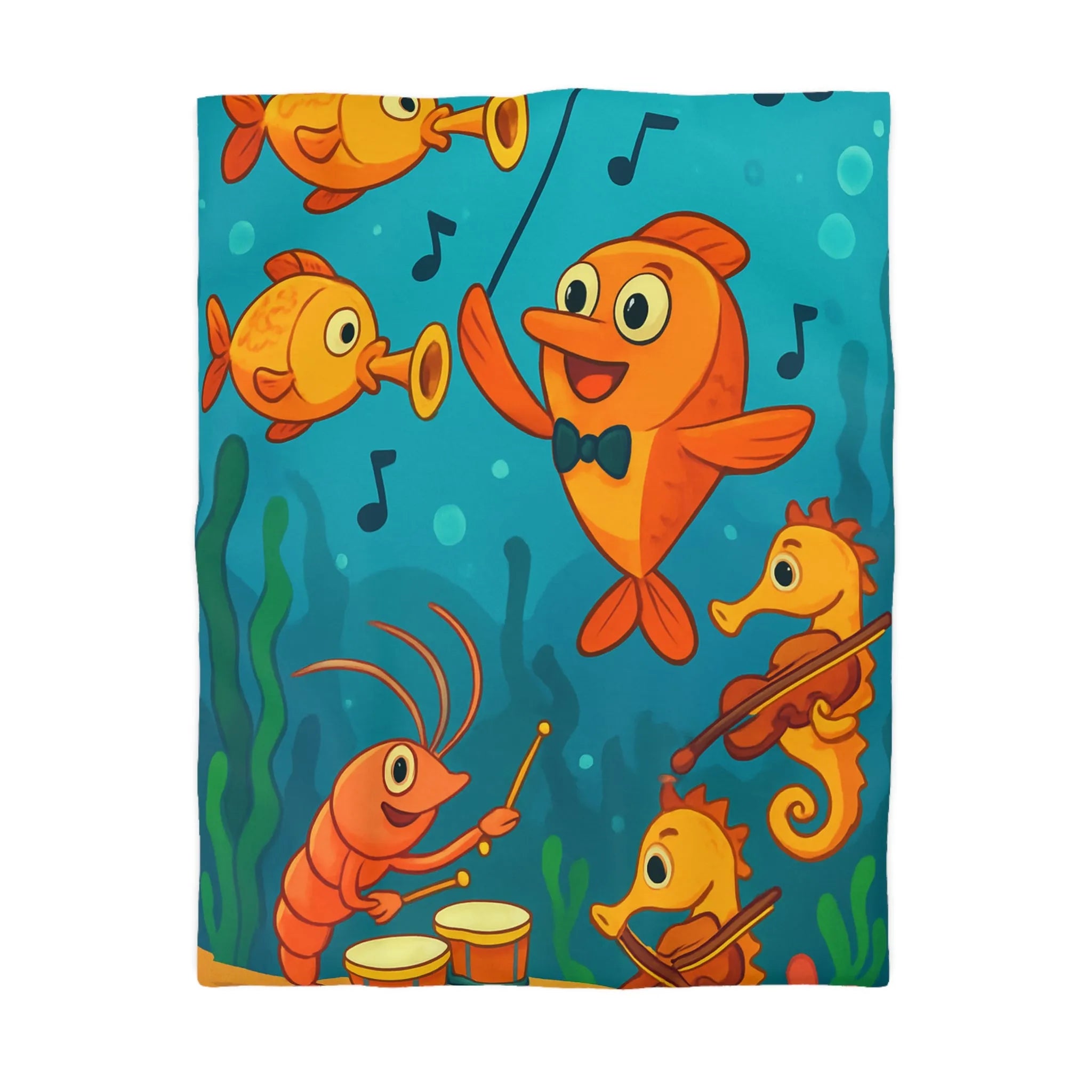 Housse de couette ludique pour enfants avec orchestre sous-marin de poissons et hippocampes