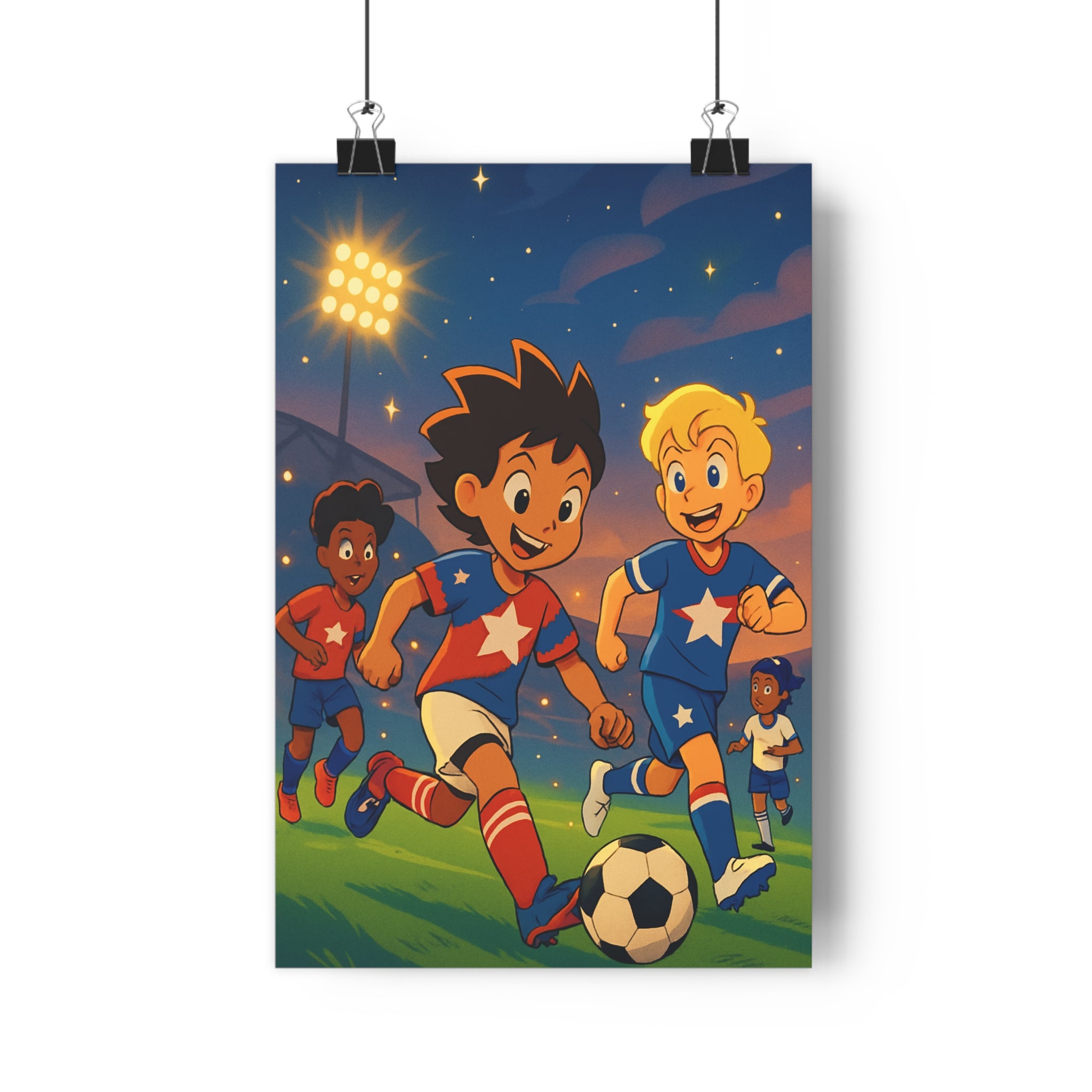 Poster décoratif anime étoiles football joyeux nocturne enfant coloré dynamique futuriste vibrant chambre mur