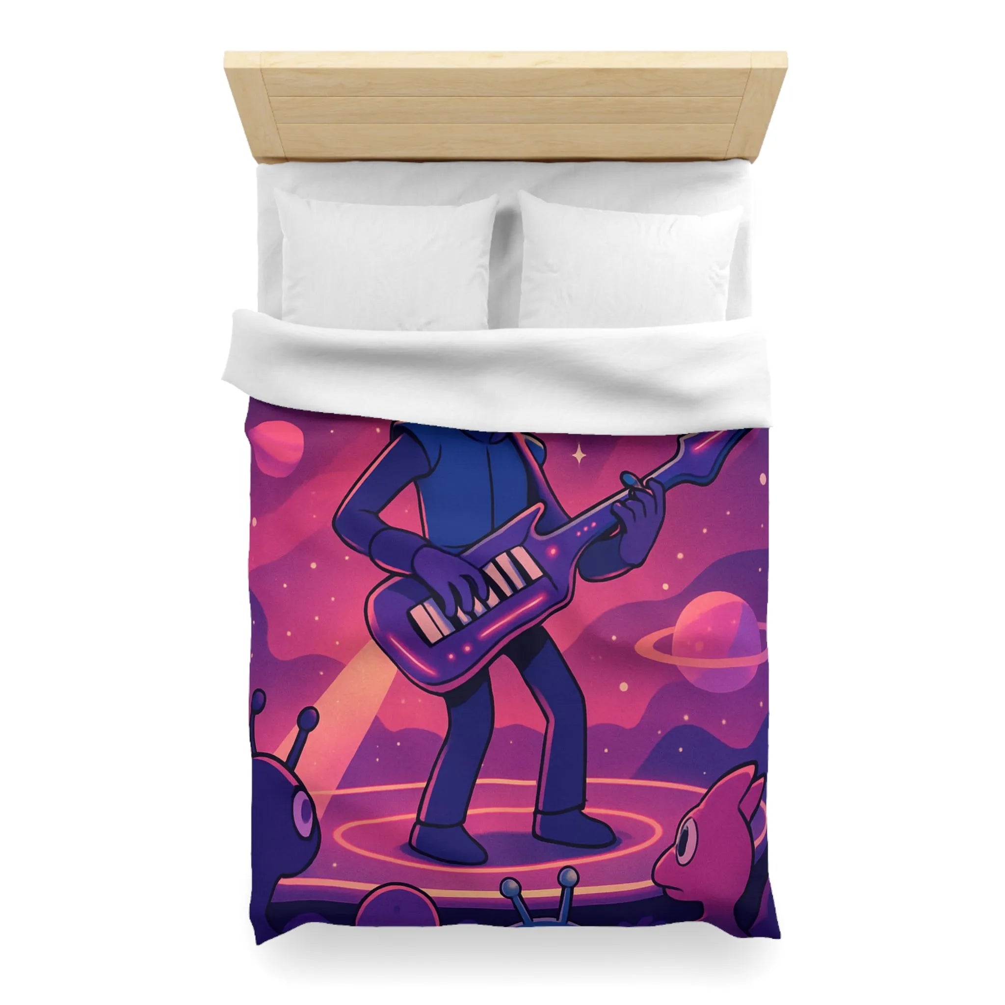 Housse de couette colorée avec astronaute jouant de la guitare dans l’espace cosmique magique