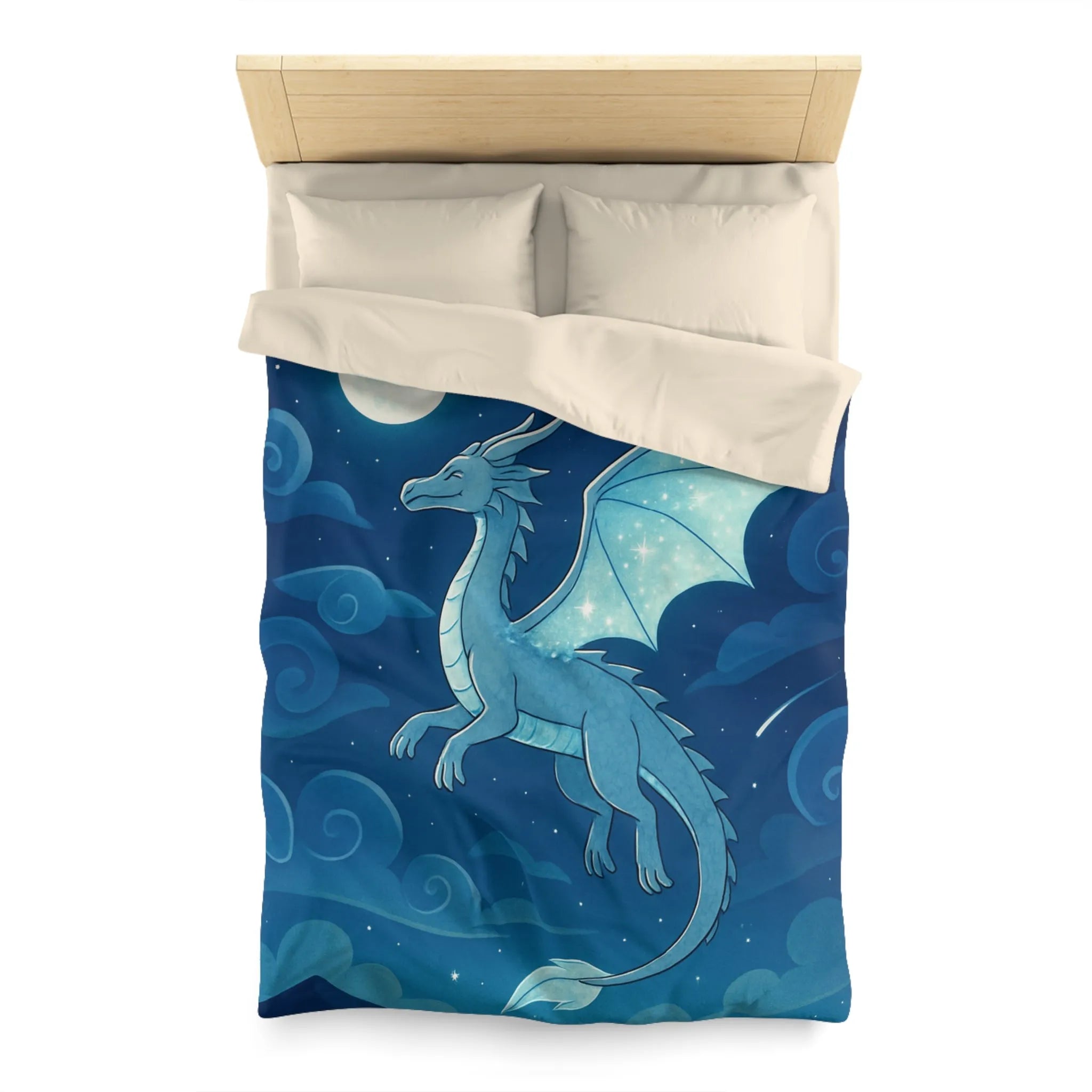 Housse de couette avec dragon bleu étincelant volant sous lune et étoiles scintillantes