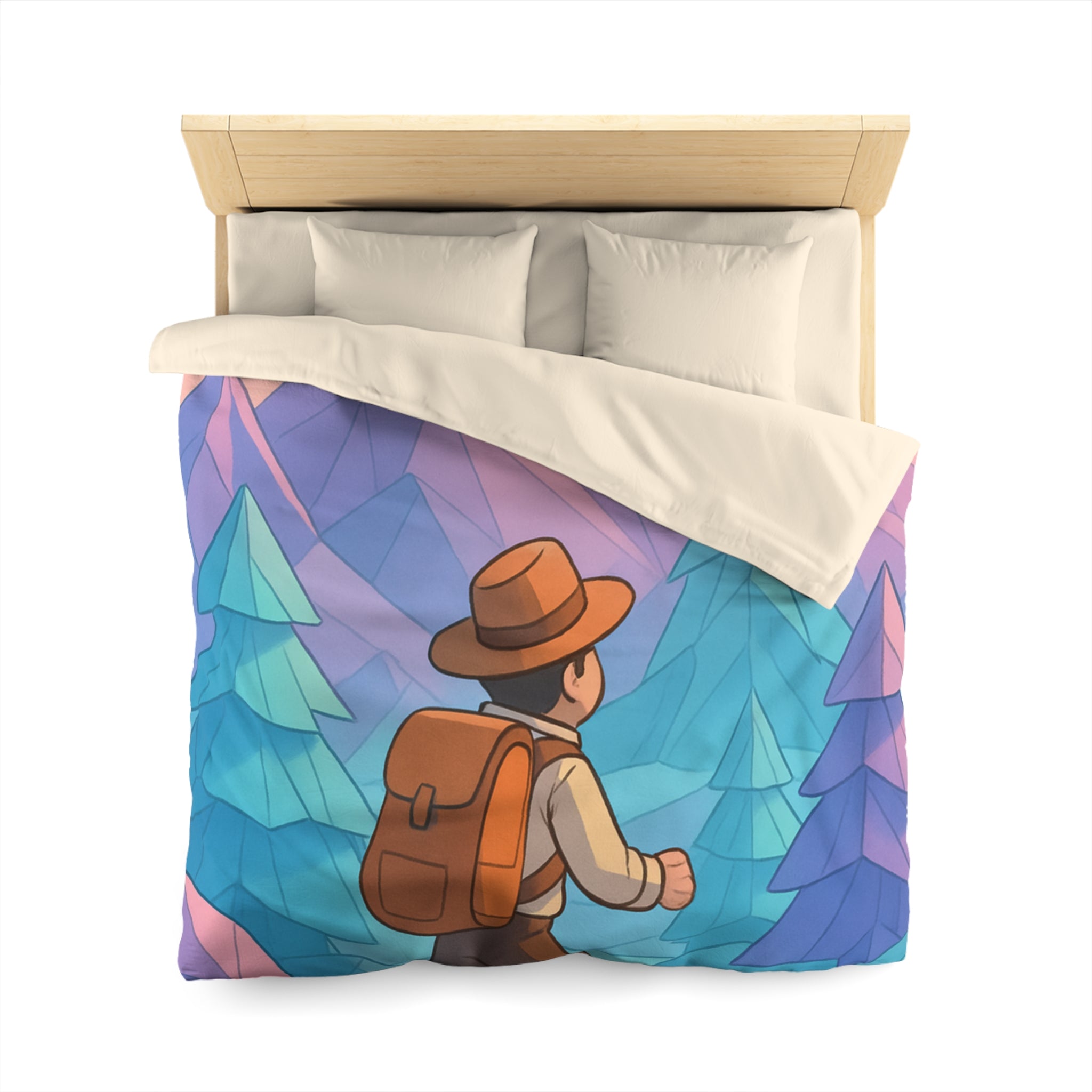Housse de couette paysage montagnard pastel avec randonneur et oiseaux en origami