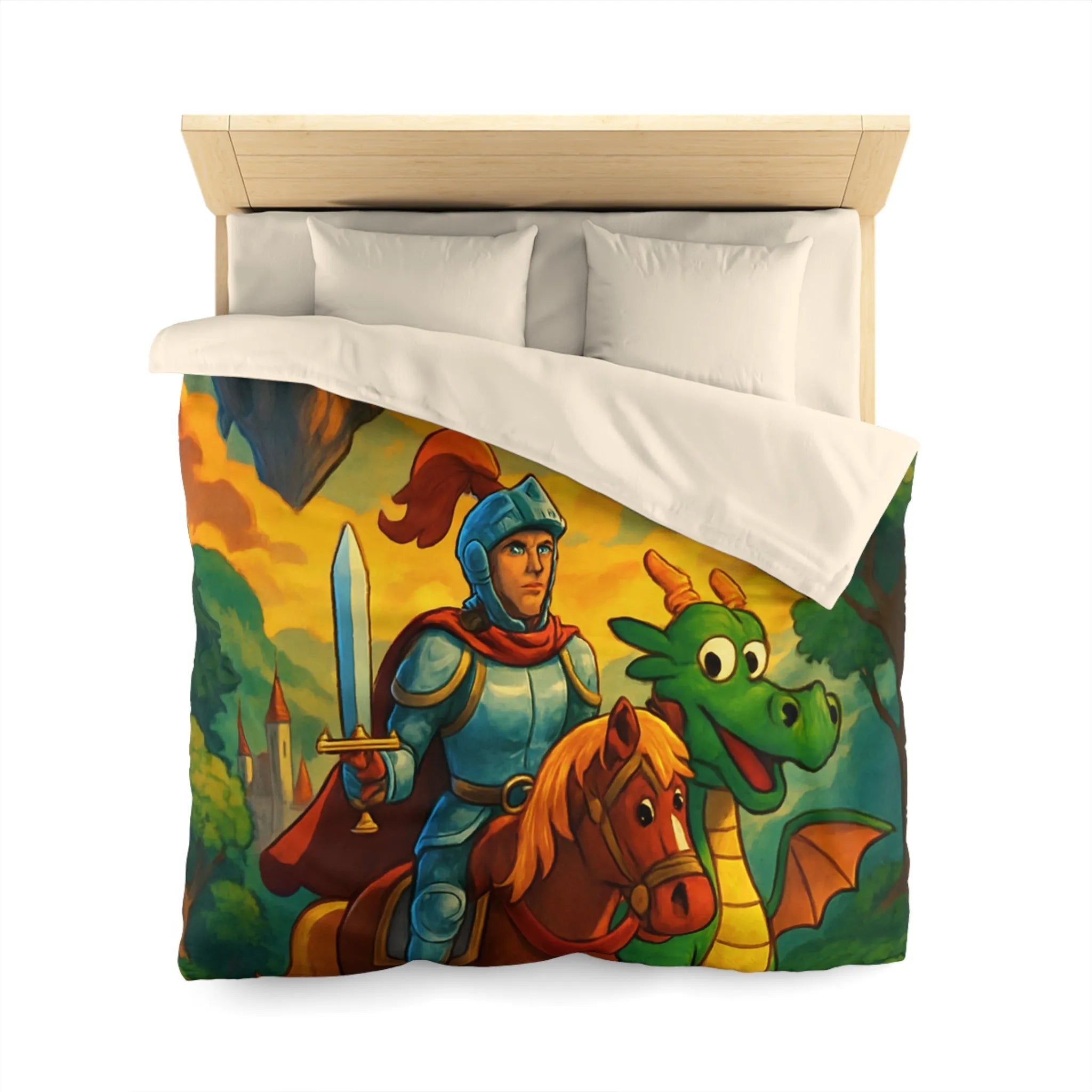 Housse de couette médiévale colorée avec chevalier, dragon et châteaux flottants fantastiques