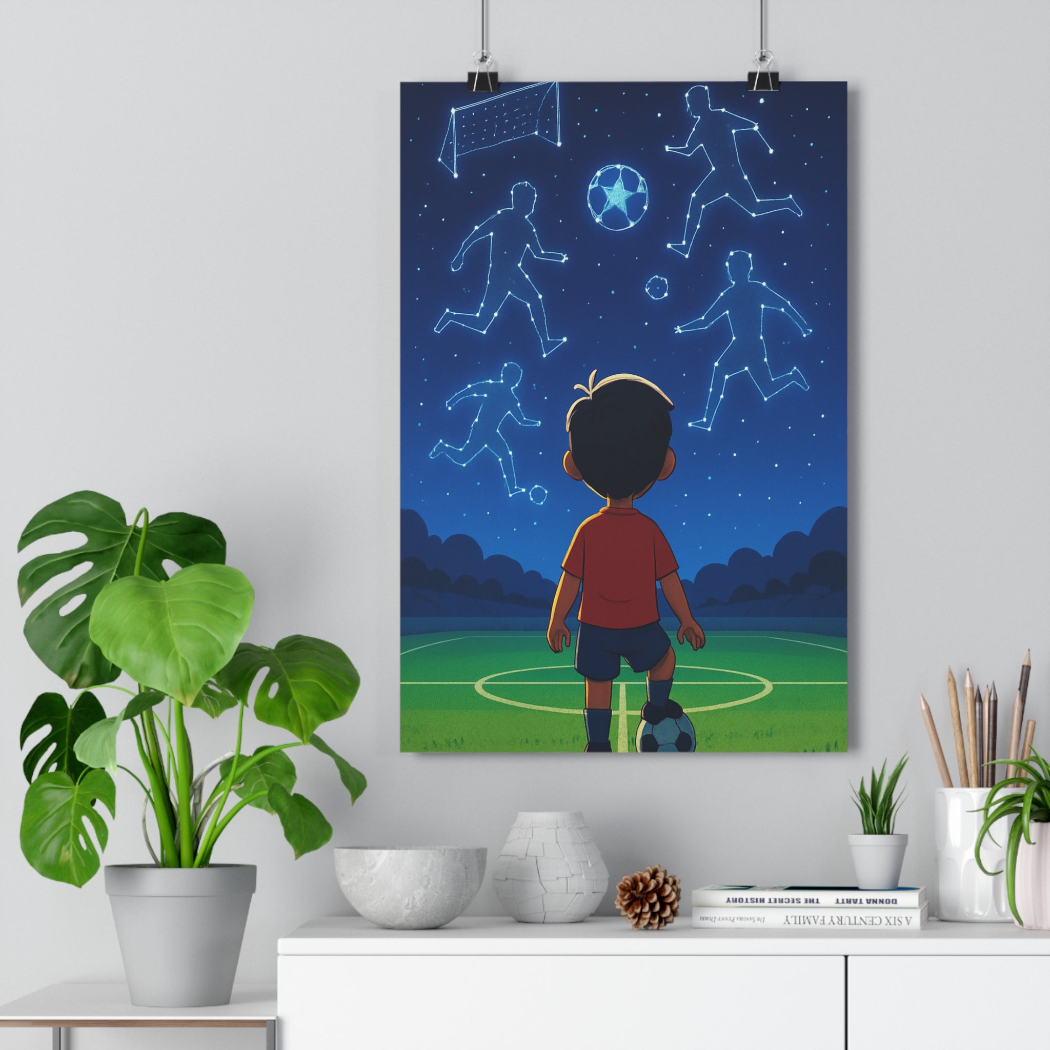 Poster décoratif enfant football ciel étoilé cartoon onirique bleu vert chambre rêveur 30x46 qualité