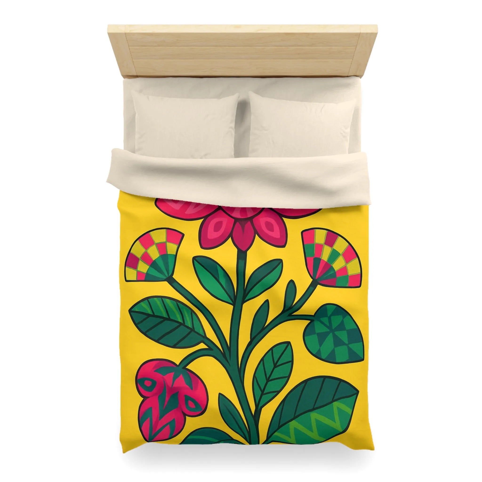 Housse de couette florale vibrante avec grandes fleurs rouges et feuilles vertes sur fond jaune