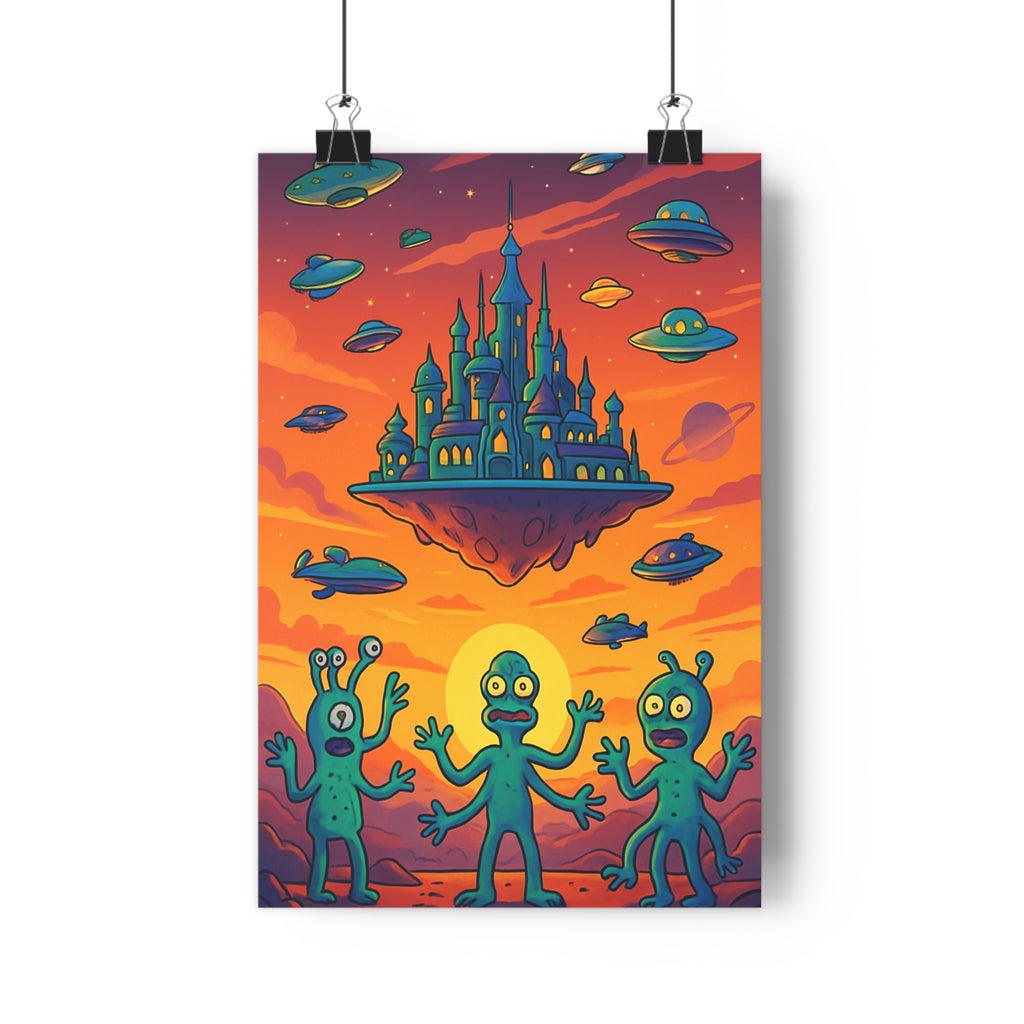 Poster décoratif intergalactique coloré orange violet aventure cartoon chambre salon unique 30x46 tendance qualité