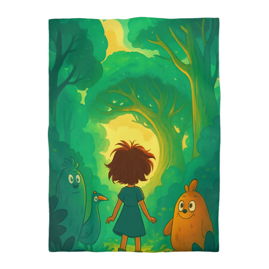 Housse de couette forêts enchantées avec animaux et personnage central, ambiance magique