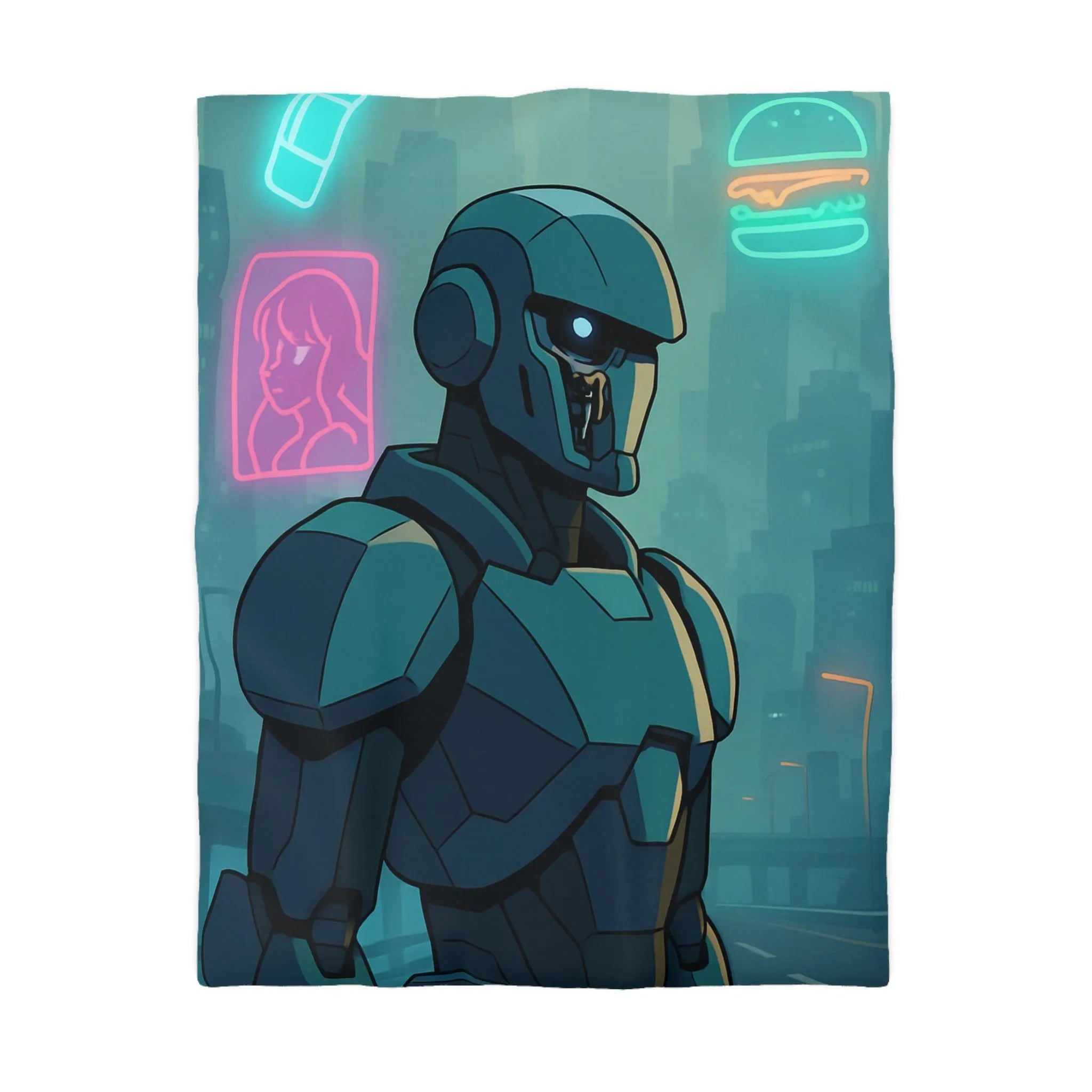 Futuristic Dystopian Cityscape with Neon Lights and Robotic Figure for Bedding Decor