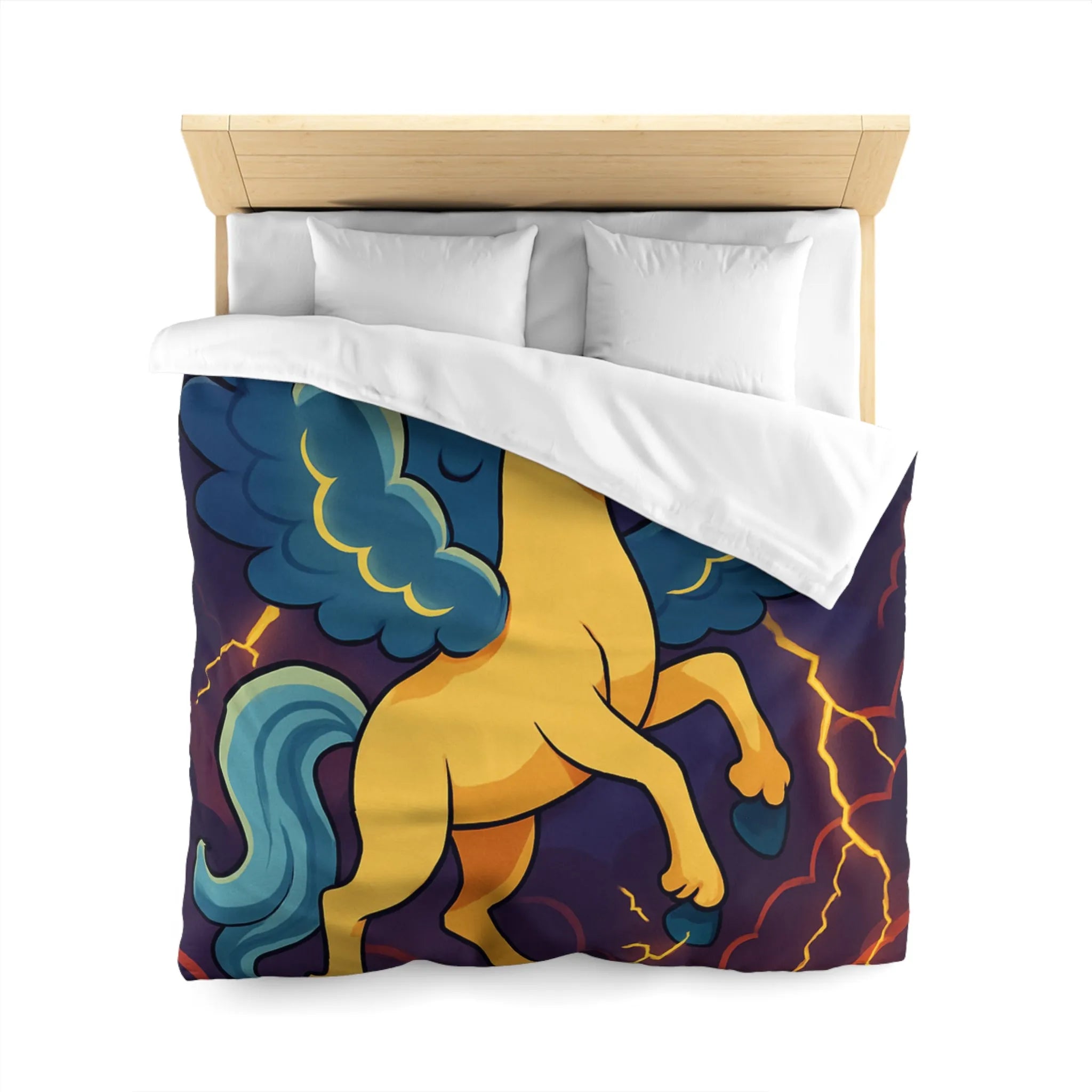 Housse de Couette Fantaisie Licorne Ailée avec Nuages Orageux et Éclairs Majestueux