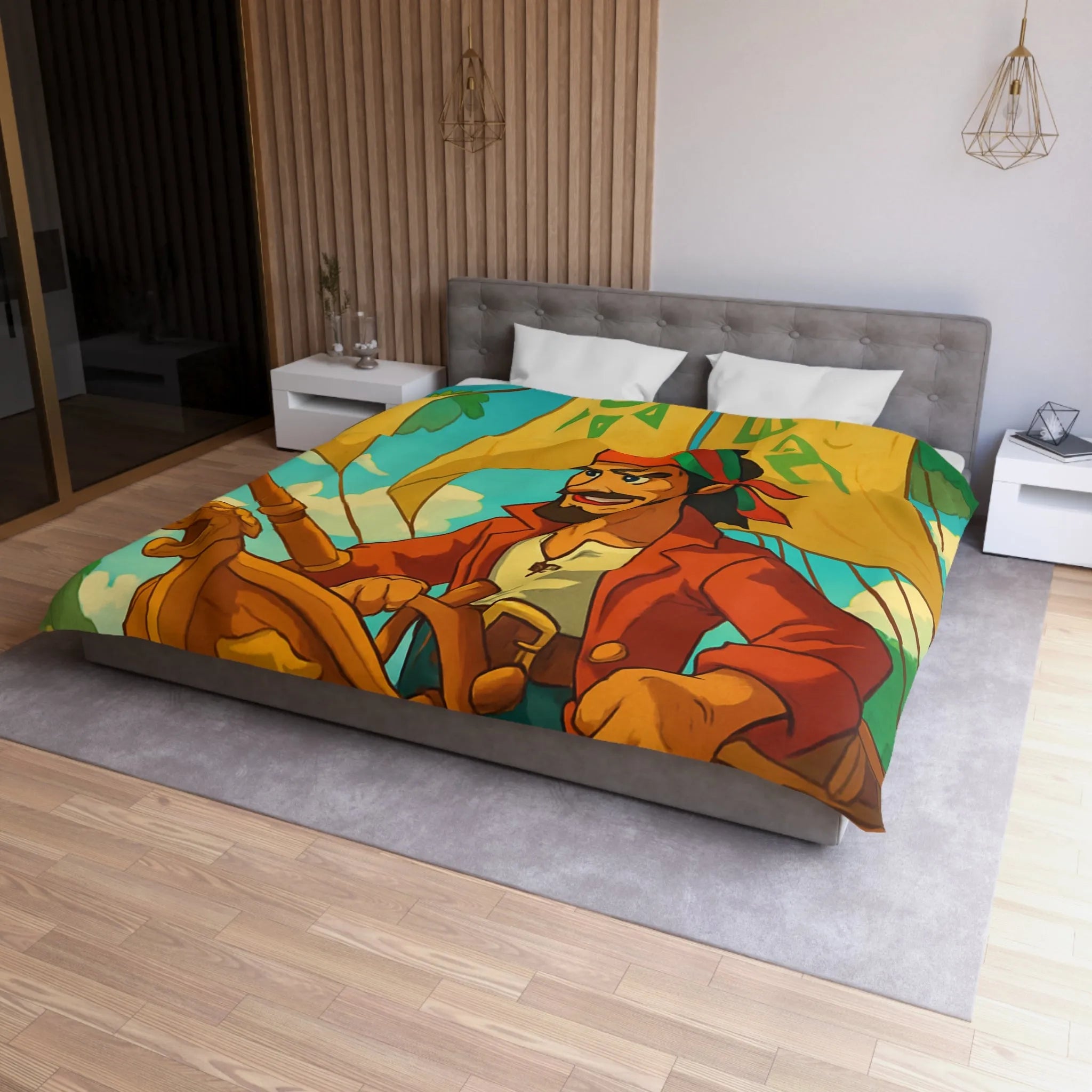 Housse de couette colorée avec pirate en bateau sur mer et îles flottantes