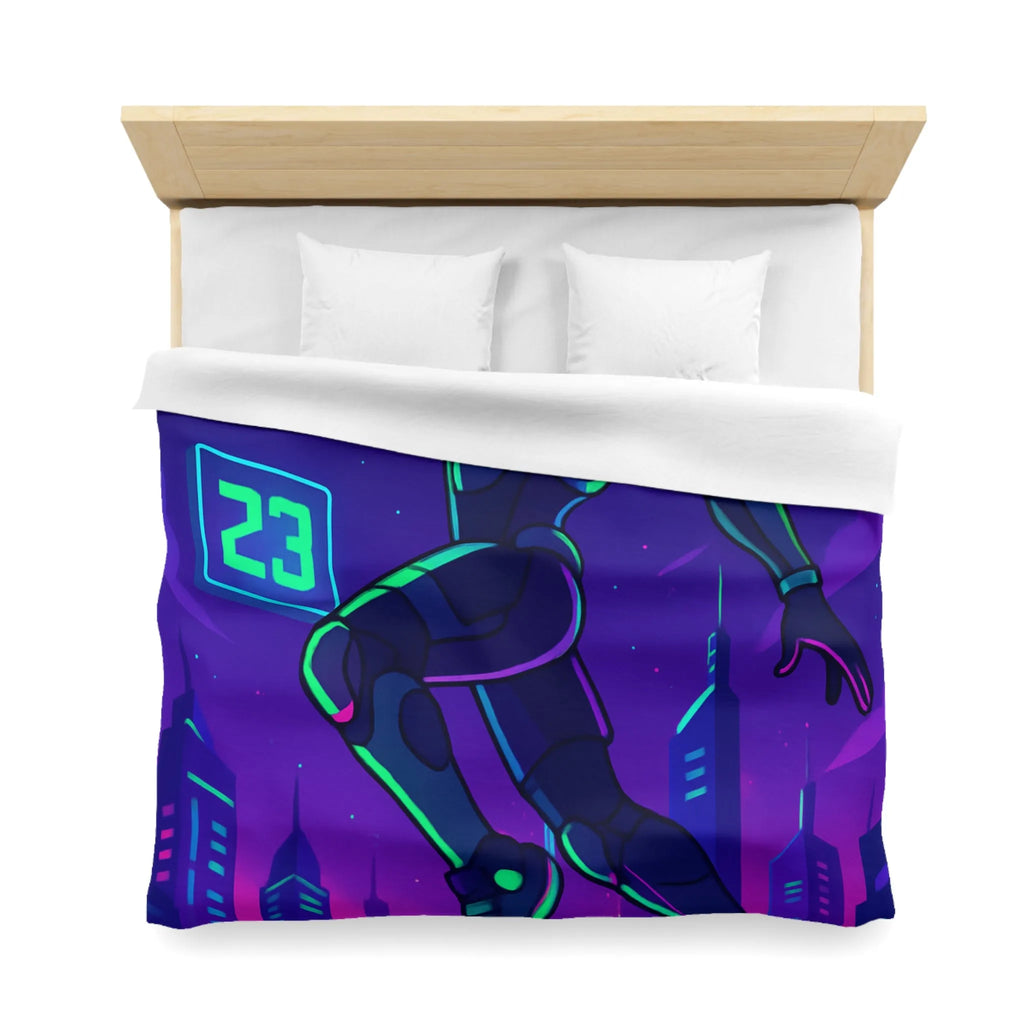 Housse de Couette Futuriste avec Robot Jouant au Basketball Lumineux dans Ville Néon