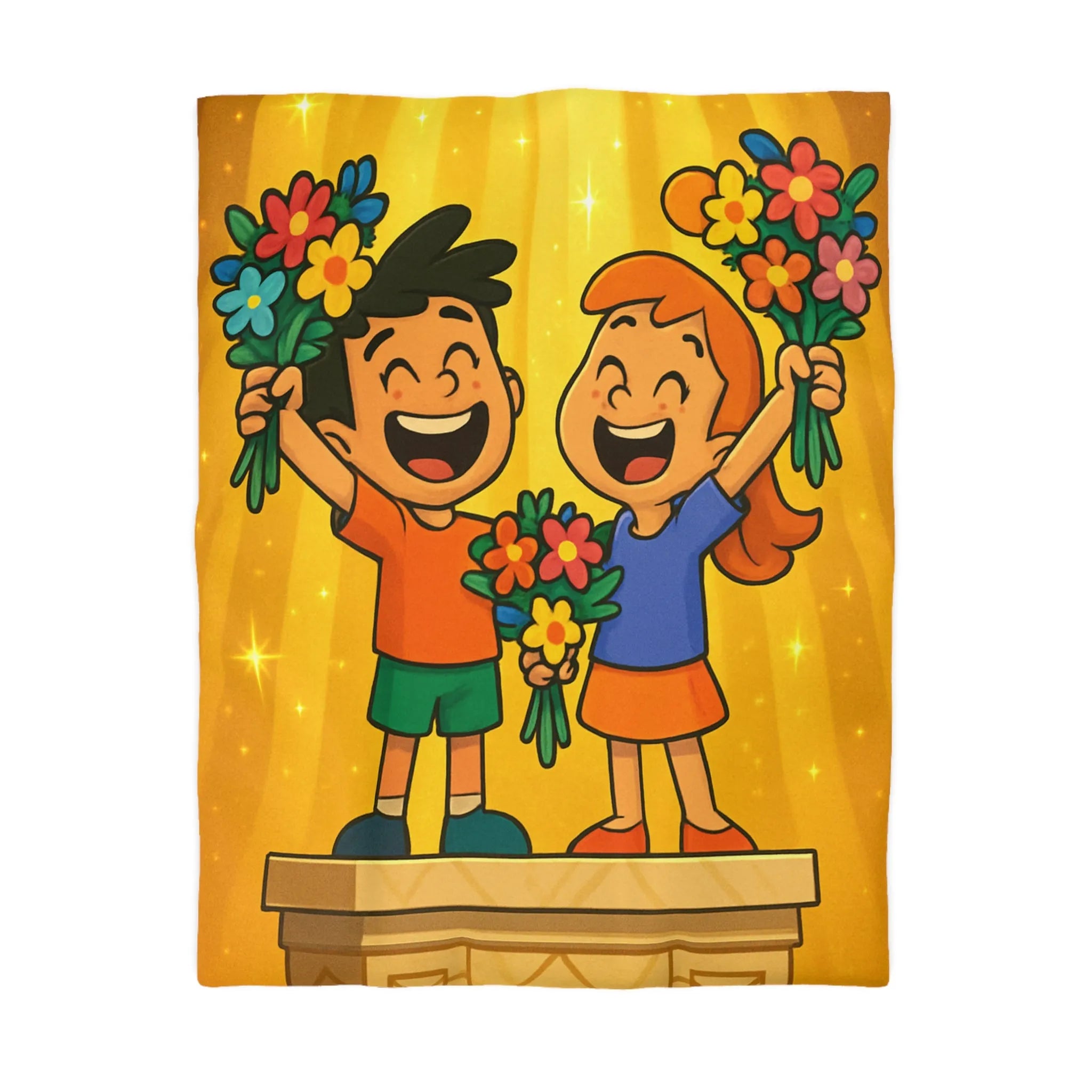 Dessin mignon d'enfants célébrant avec des bouquets de fleurs illuminés de rayons dorés