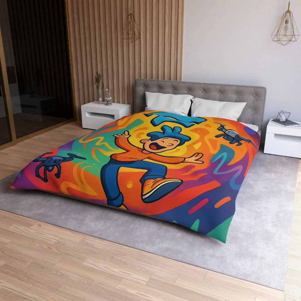 Housse de couette colorée avec personnage joyeux et drones volants autour des ondes