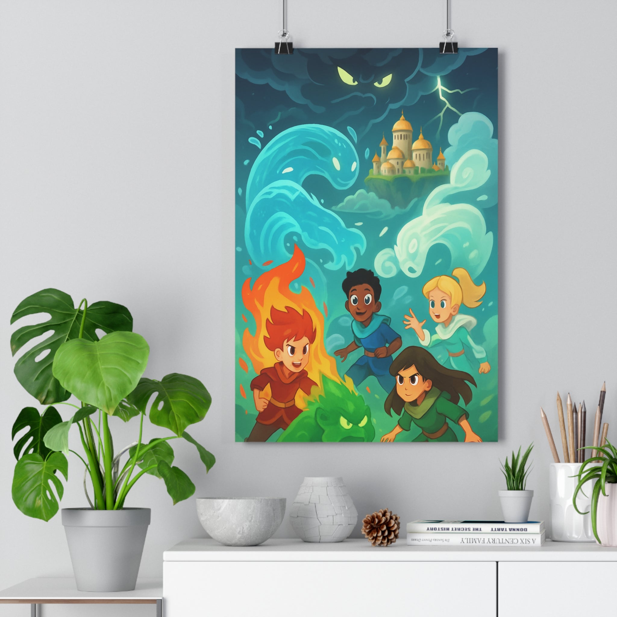 Poster décoratif fantastique bleu vert orange aventure mystique chambre salon éléments majestueux dynamique qualité