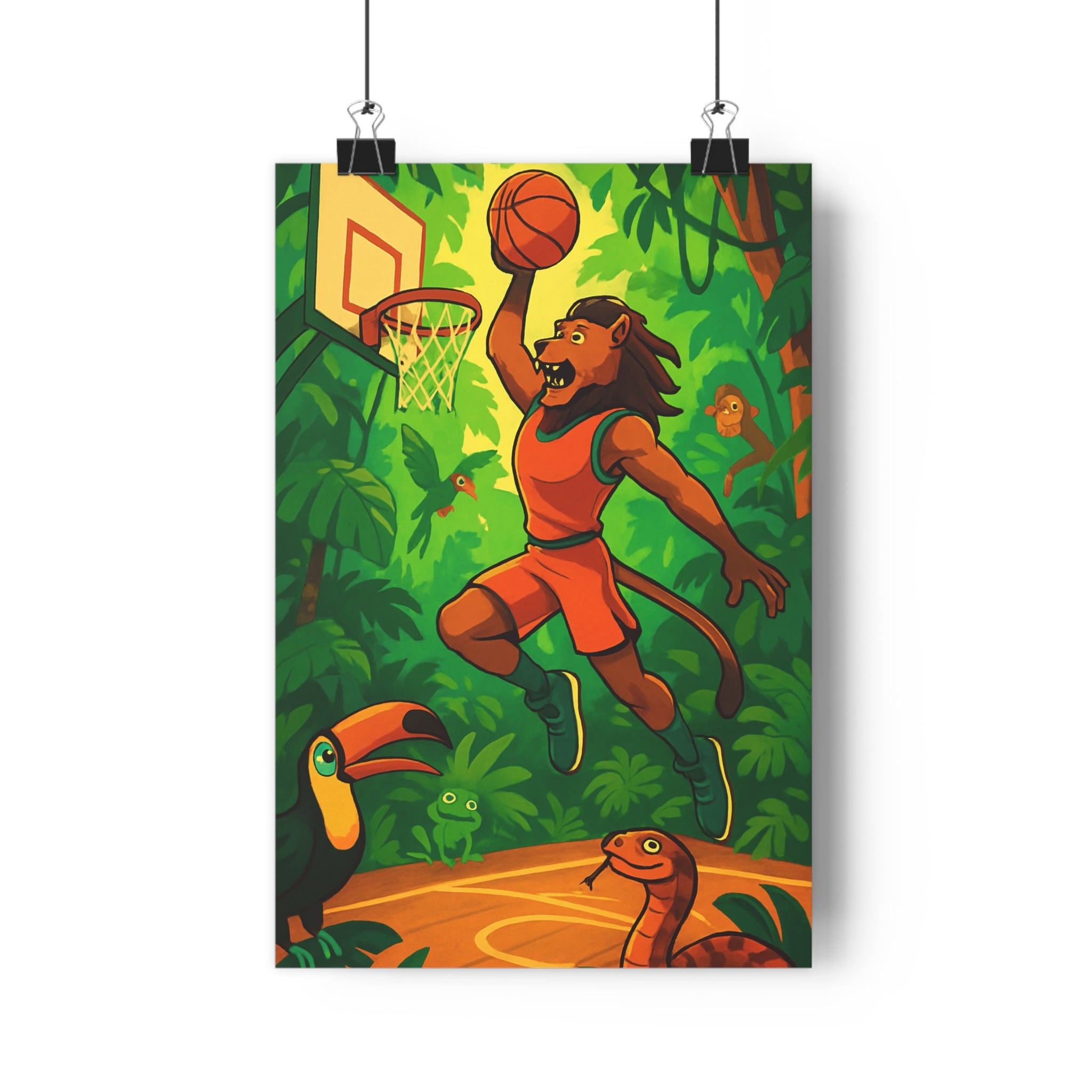 Poster décoratif cartoon jungle vert dynamique lion basketball exotique salon enfant vibrant sauvage qualité