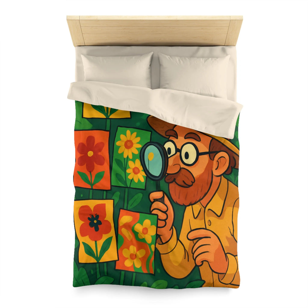 Housse de couette florale colorée avec botaniste examinant des illustrations en pleine nature
