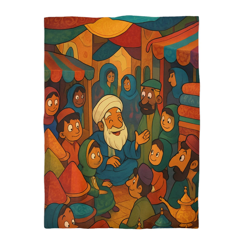 Housse de Couette Colorée Illustrant un Marché Animé avec Scène de Conteurs Traditionnels