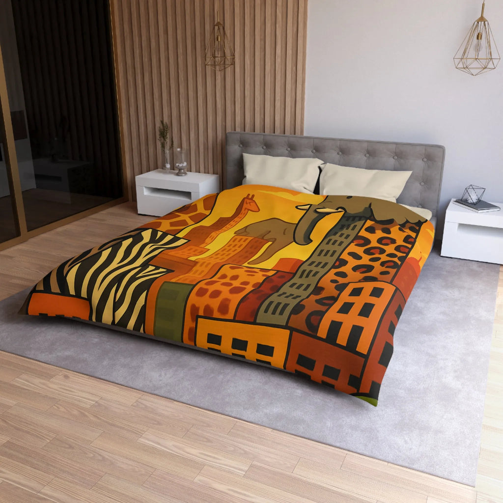 Housse de couette jungle urbaine : gratte-ciel animaux dans tons chauds, motif sauvage