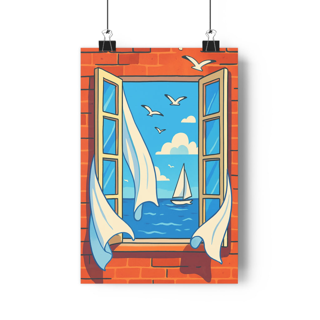 Poster décoratif fenêtre mer bleu voilier cartoon lumineux joyeux salon chambre bureau vacances rêve