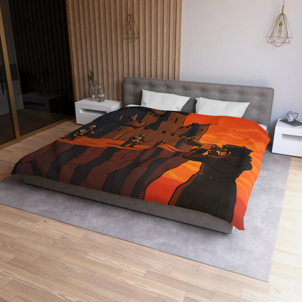 Housse de couette médiévale avec forteresse et observateur sous coucher de soleil épique