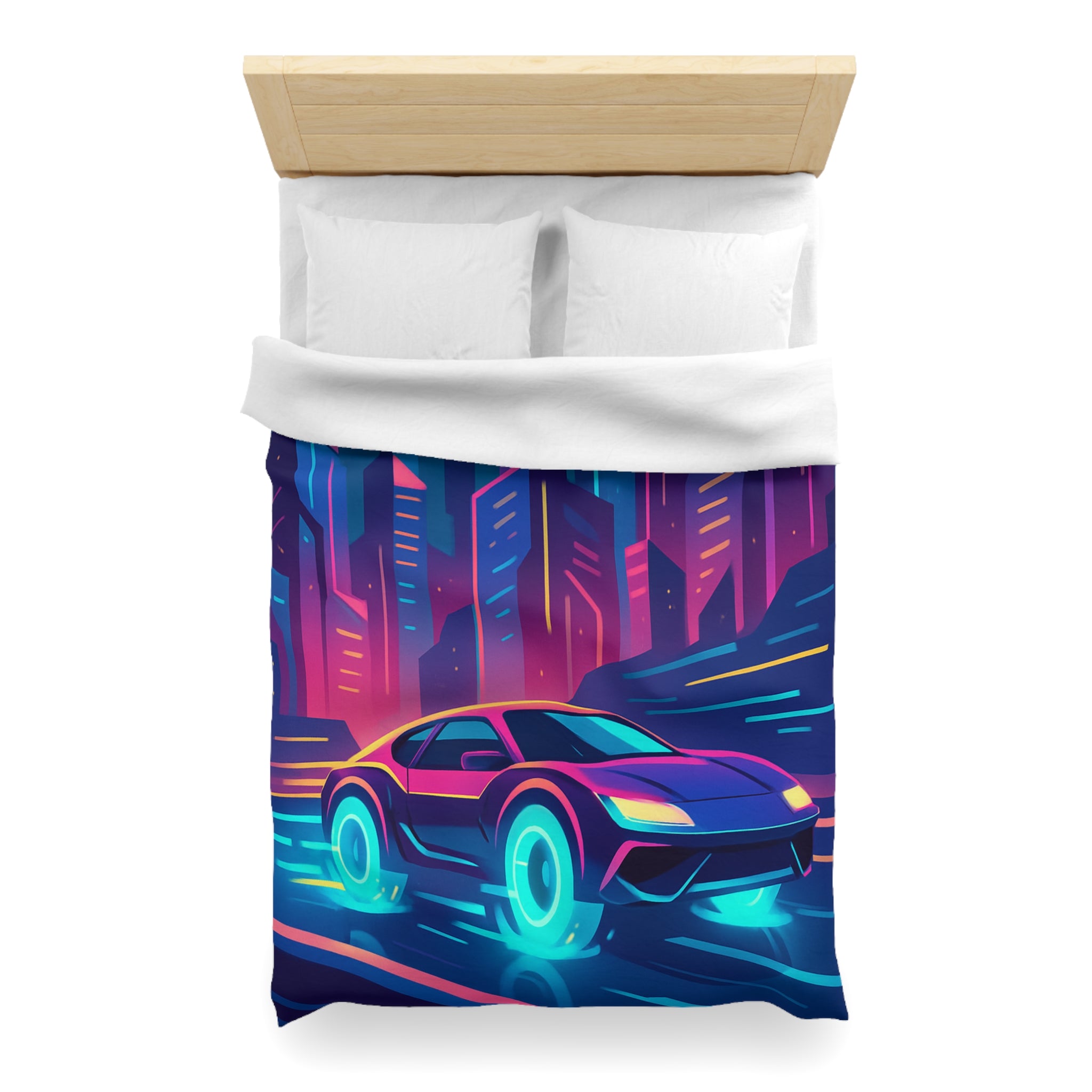 Parure de lit futuriste avec voiture néon sous lune pleine en ville vibrante