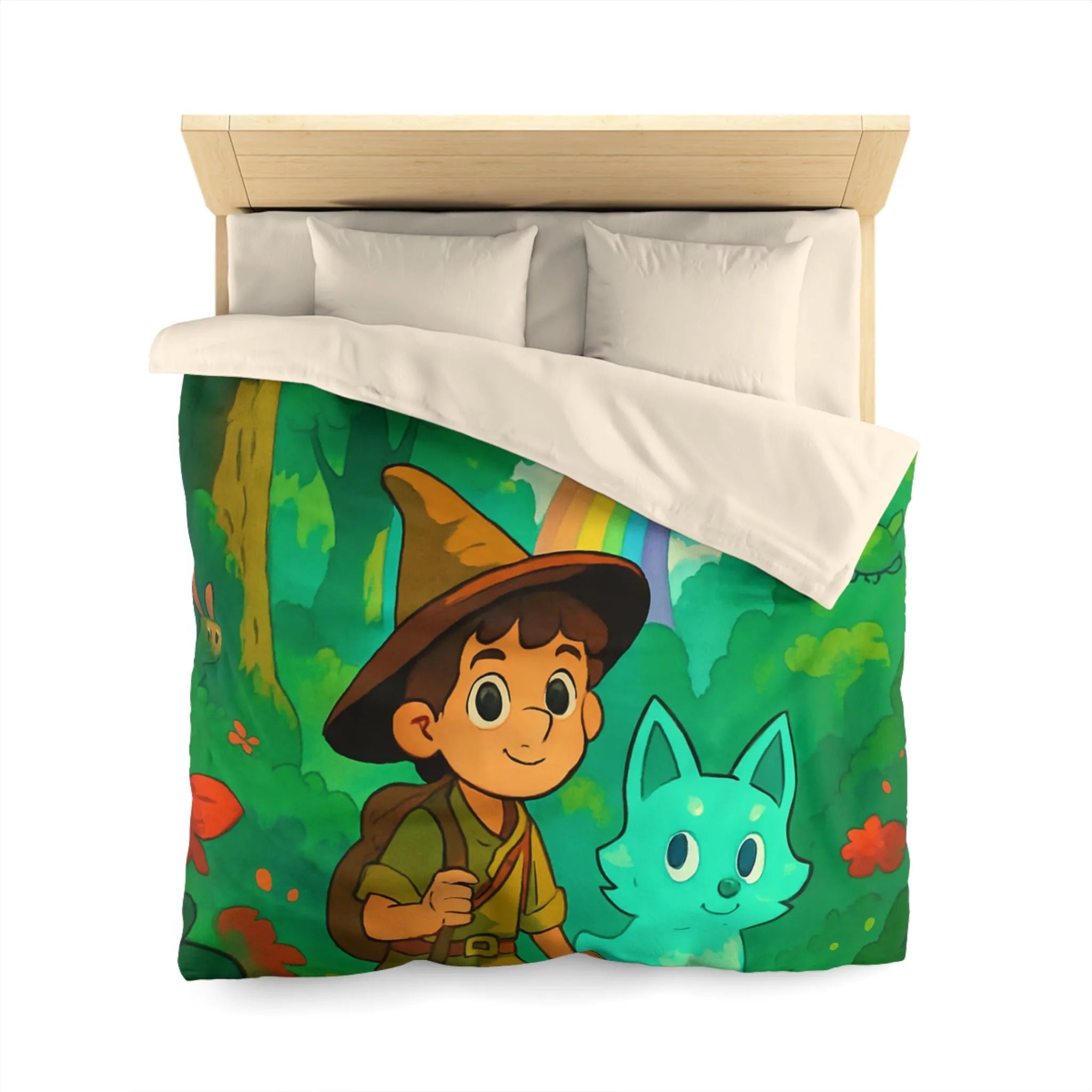 Housse de Couette Enfant avec Petit Sorcier et Animal Magique sous Arc-en-ciel