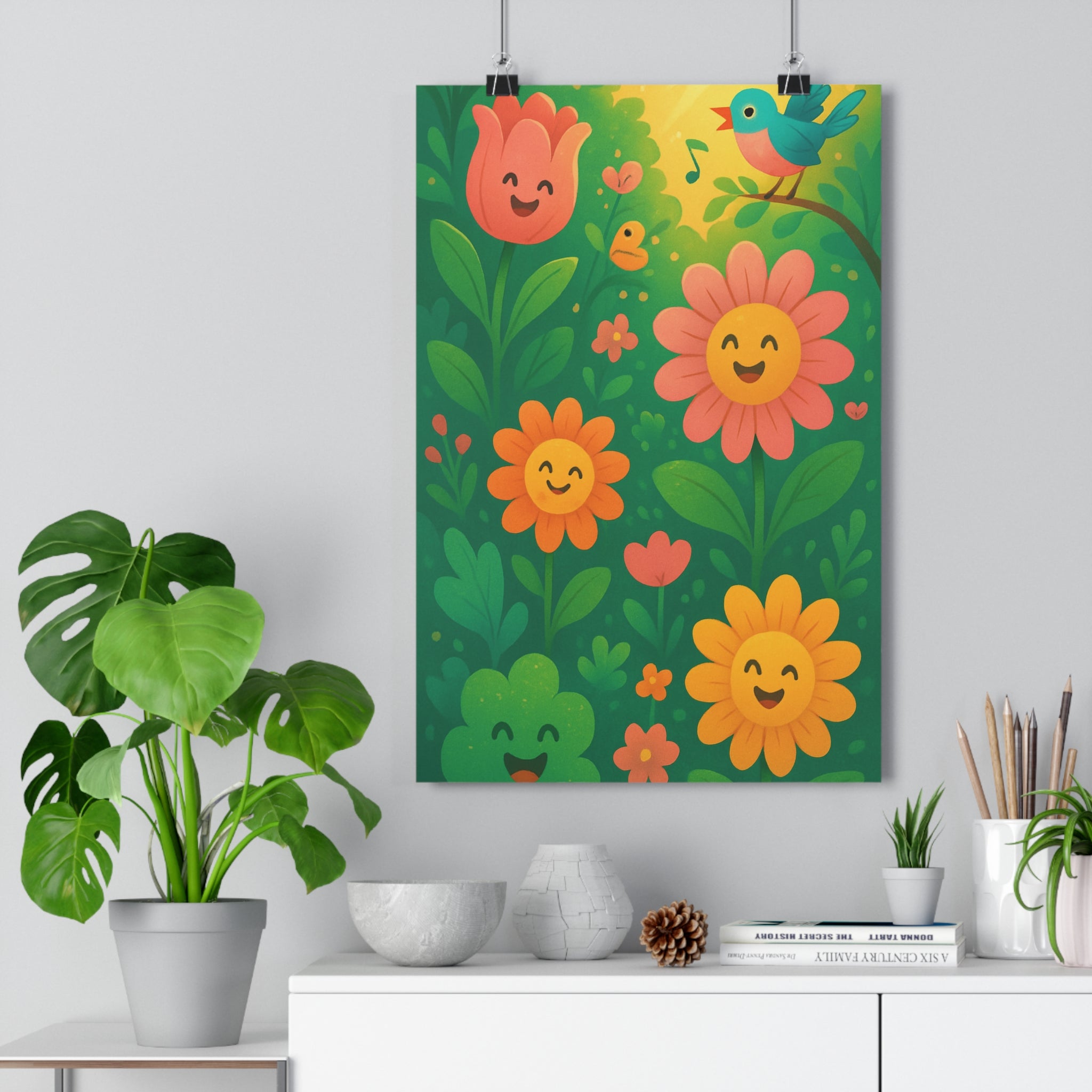 Poster décoratif jardin joyeux coloré fleurs cartoon chambre enfant ambiance ludique tulipes marguerites verts