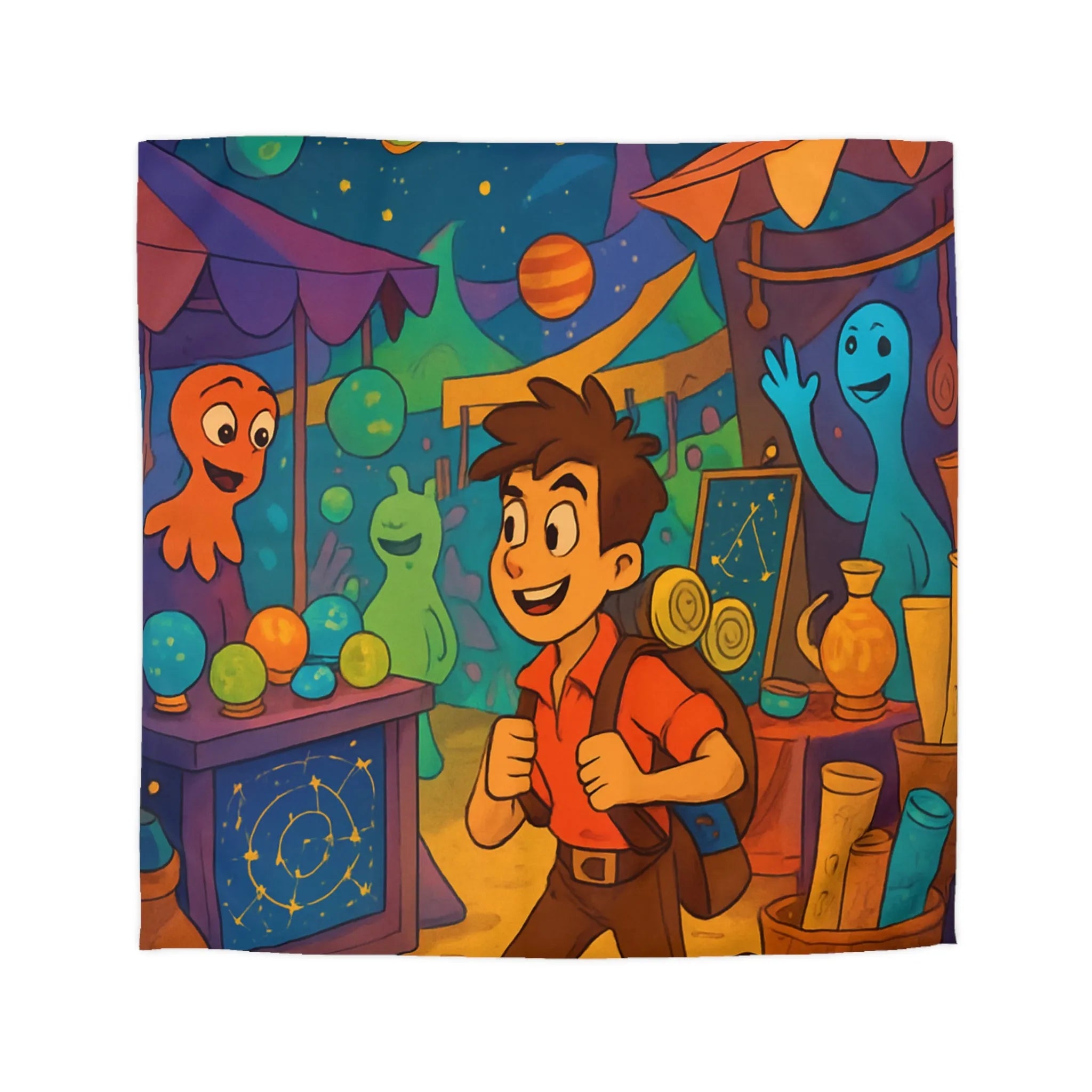 Housse de couette enfant monde fantastique avec planètes et créatures colorées