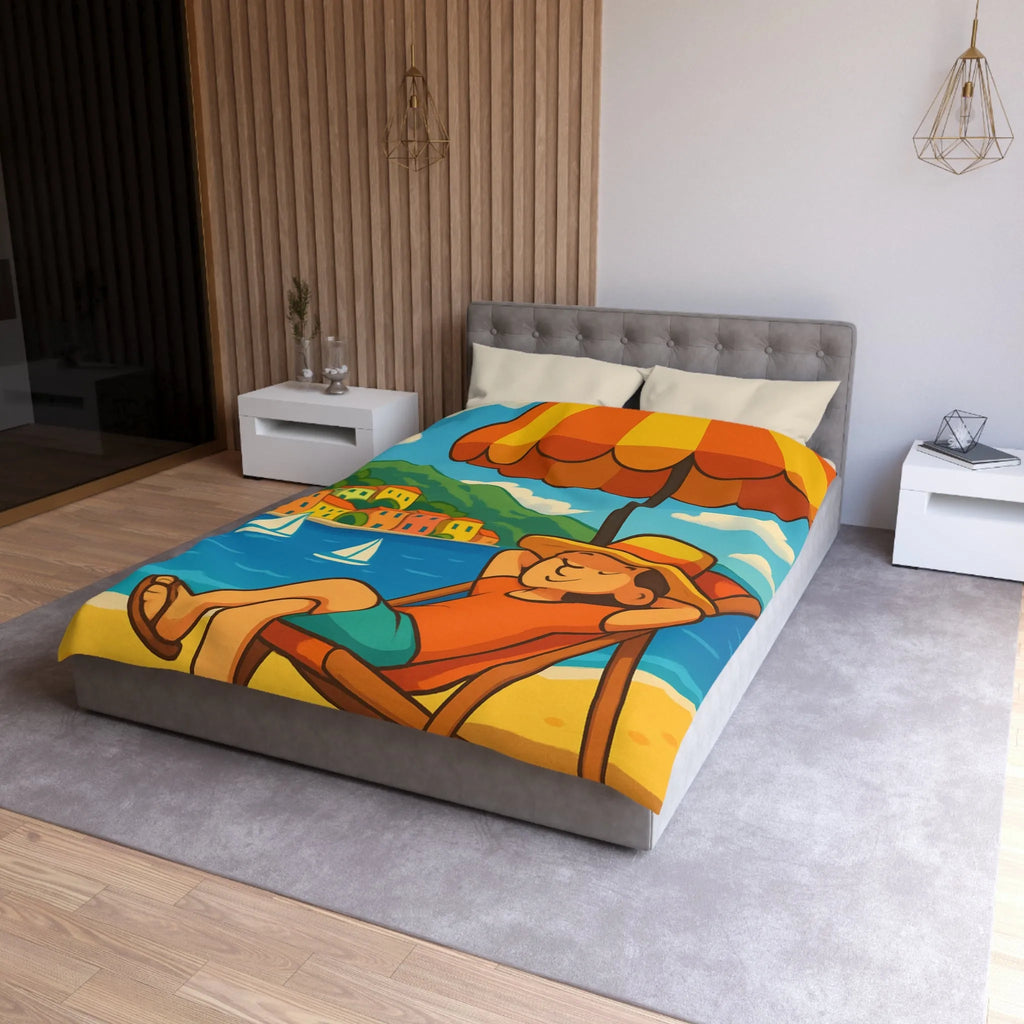 Housse de Couette Colorée Plage avec Parasol, Mer et Voiliers Décontractés Illustration