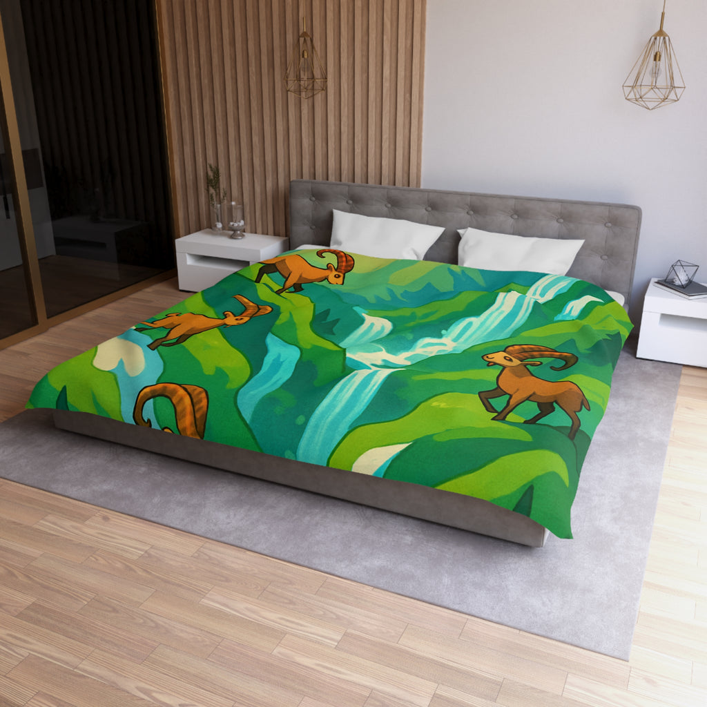 Housse de couette montagneuse avec bouquetins et cascades pour chambre paisible