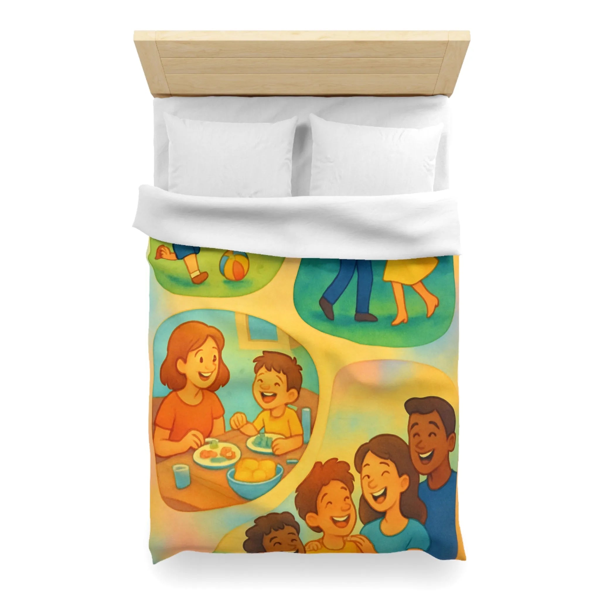 Housse de couette colorée illustrant des scènes joyeuses de la vie quotidienne familiale