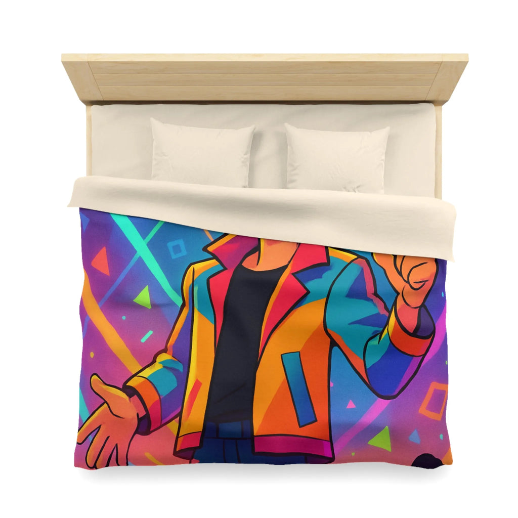 Housse de couette colorée avec personnage animé, haute énergie, motifs géométriques vibrants