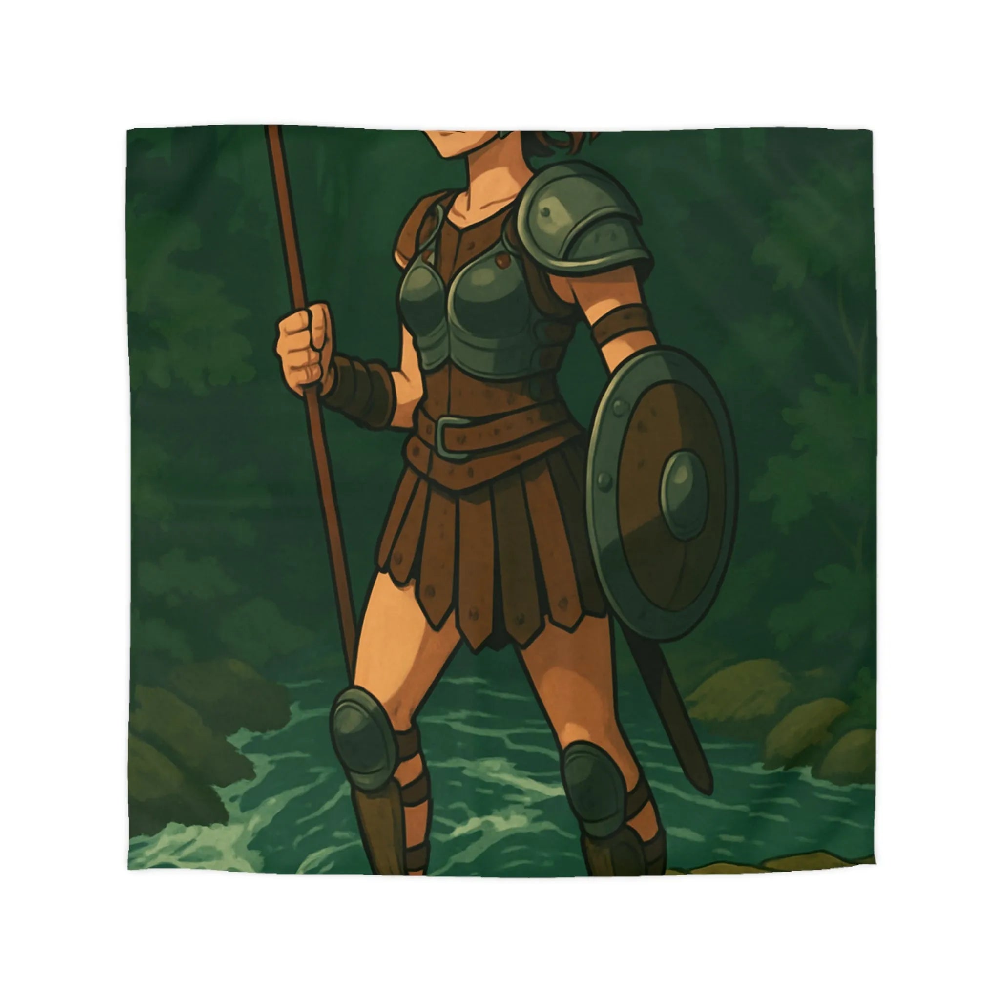 Housse de couette héroïque avec guerrière médiévale dans forêt mystique ambiance aventure épique