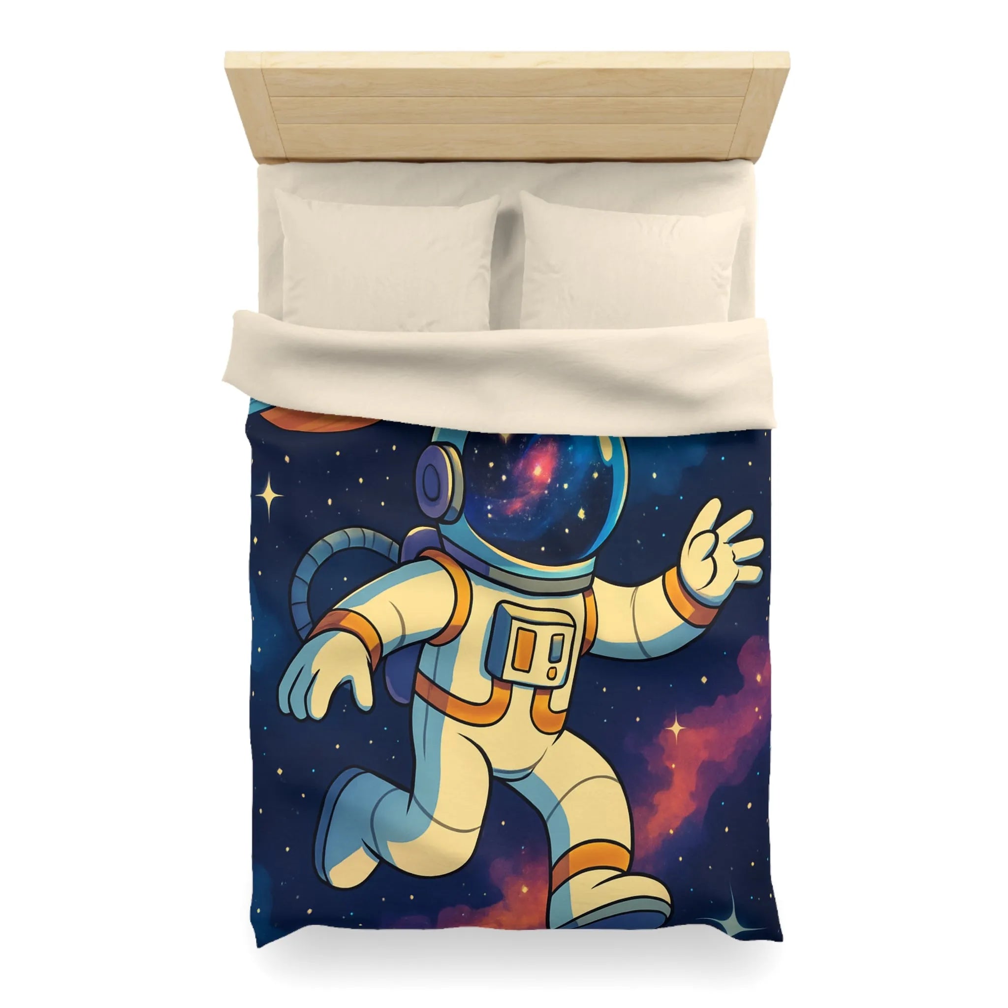 Housse de couette avec astronaute, planète et fusée dans l'espace étoilé coloré