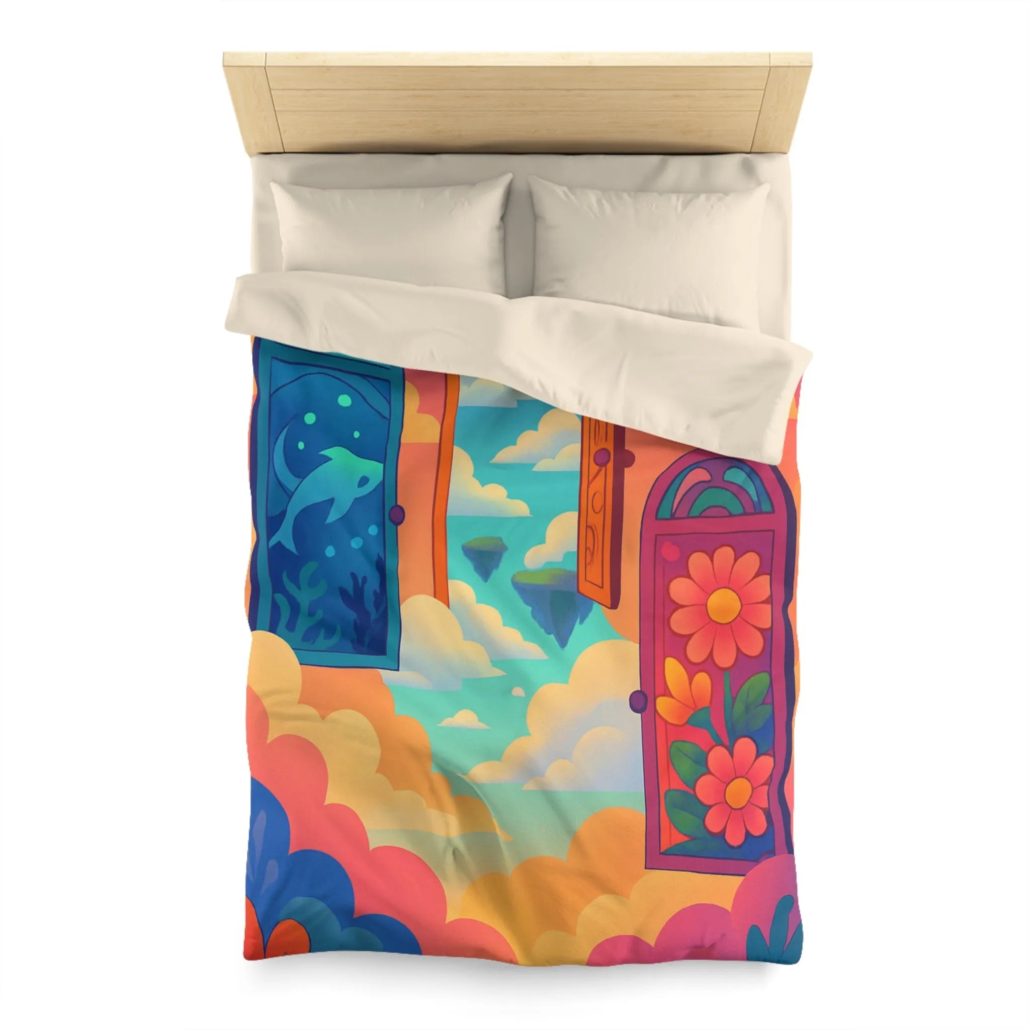 Housse de couette colorée avec trois portes magiques et paysages oniriques enchanteurs