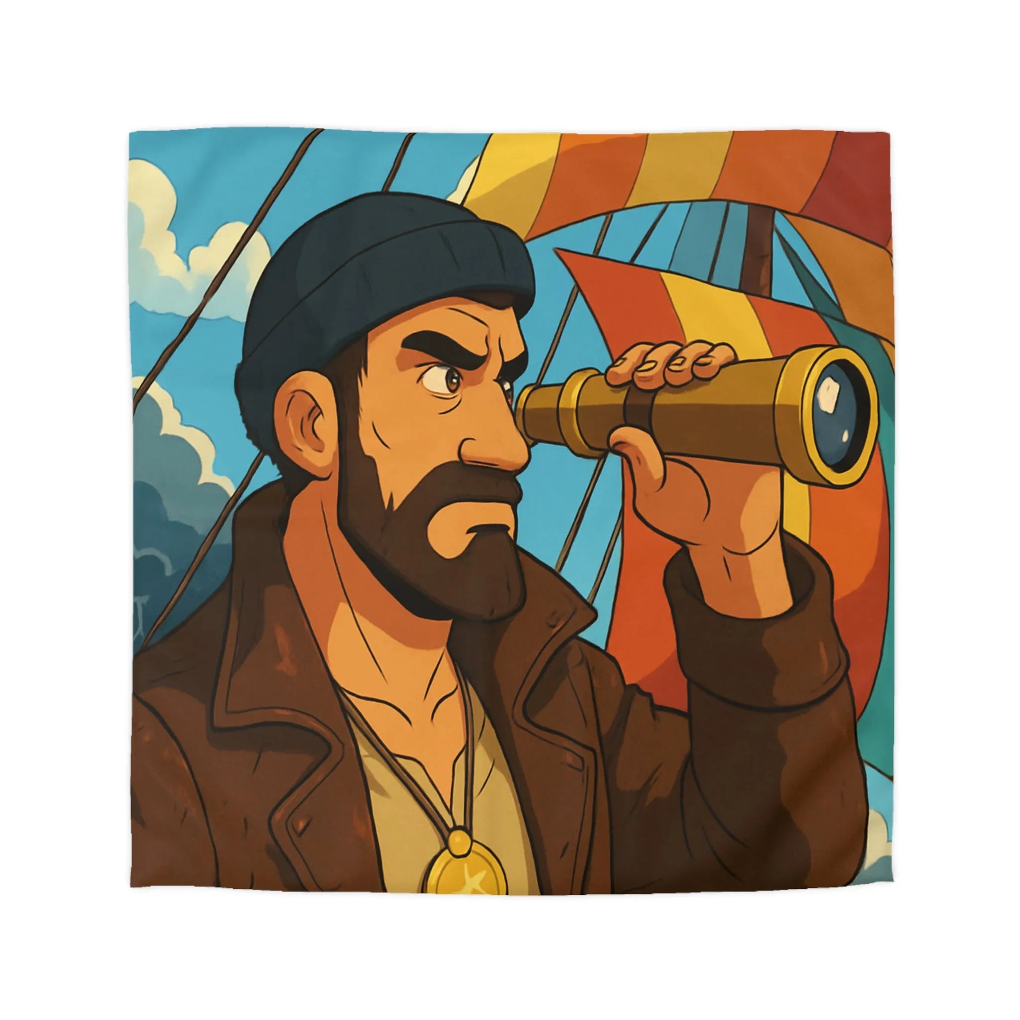 Housse de couette maritime avec explorateur, longue-vue et voiles colorées en mer