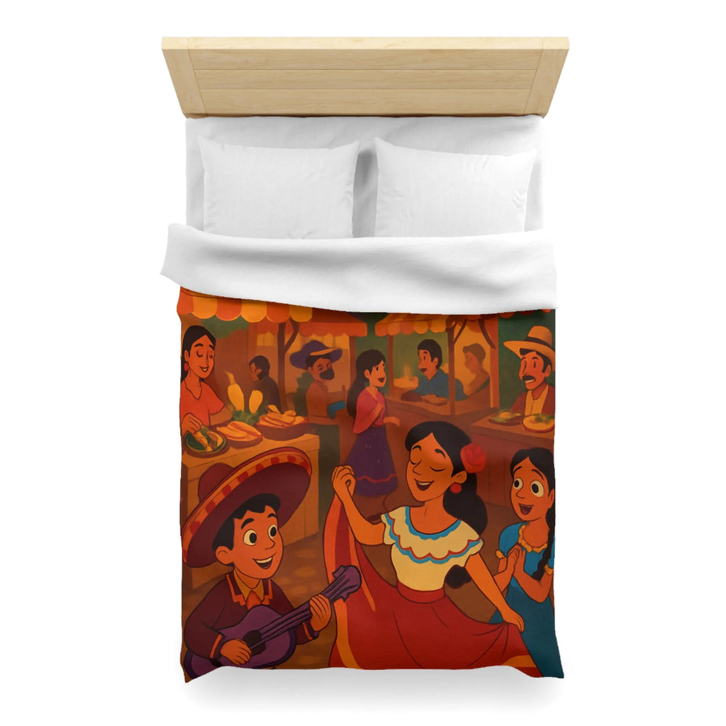 Housse de Couette Illustrée avec Scène Festive Colorée du Marché Nocturne Traditionnel