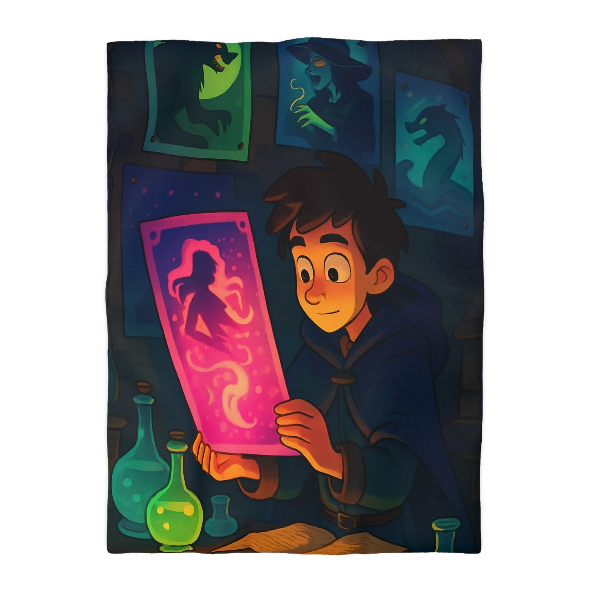 Enfant Magicien Lisant Papyrus Magique Avec Décor De Potions Et Affiches Mystiques