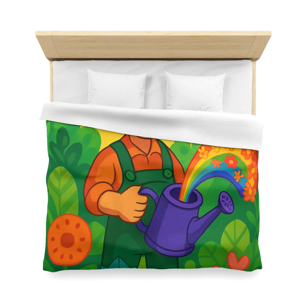 Housse de Couette Colorée avec Dessin Jardinier Arrosant des Fleurs et Arc-en-Ciel