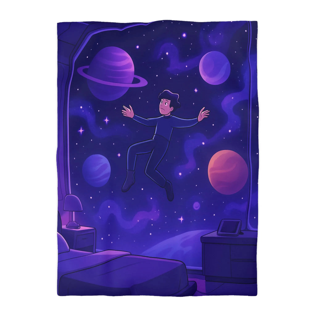 Housse de couette enfantine avec garçon flottant dans un espace stellaire imaginaire