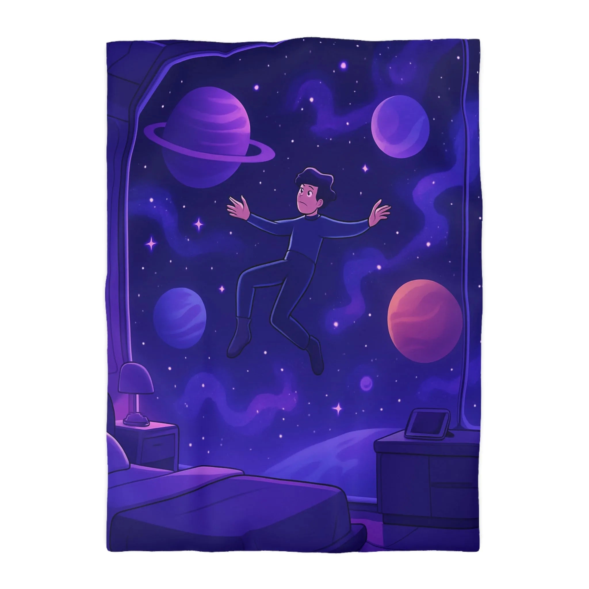 Housse de couette enfantine avec garçon flottant dans un espace stellaire imaginaire