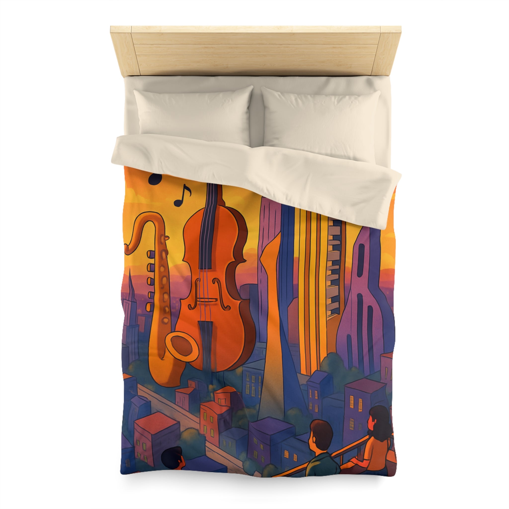 Housse de couette urbaine avec des instruments géants flottant au coucher de soleil vibrant