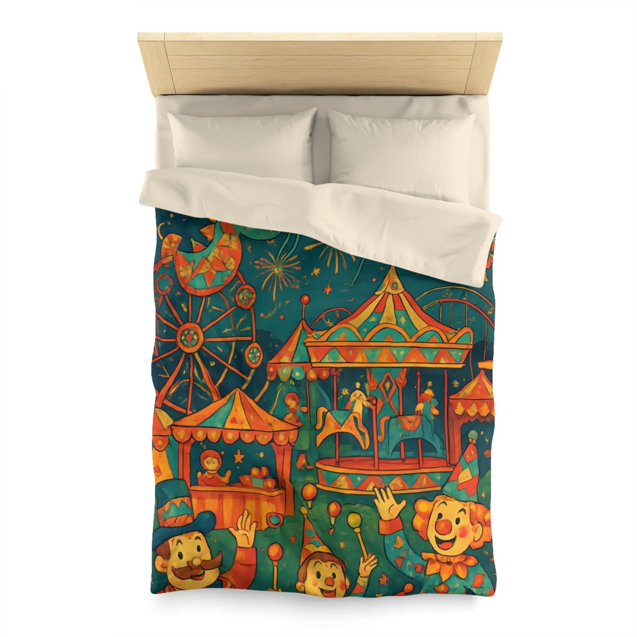 Housse de Couette Enfantine Colorée Fête Foraine avec Manège et Clowns Heureux