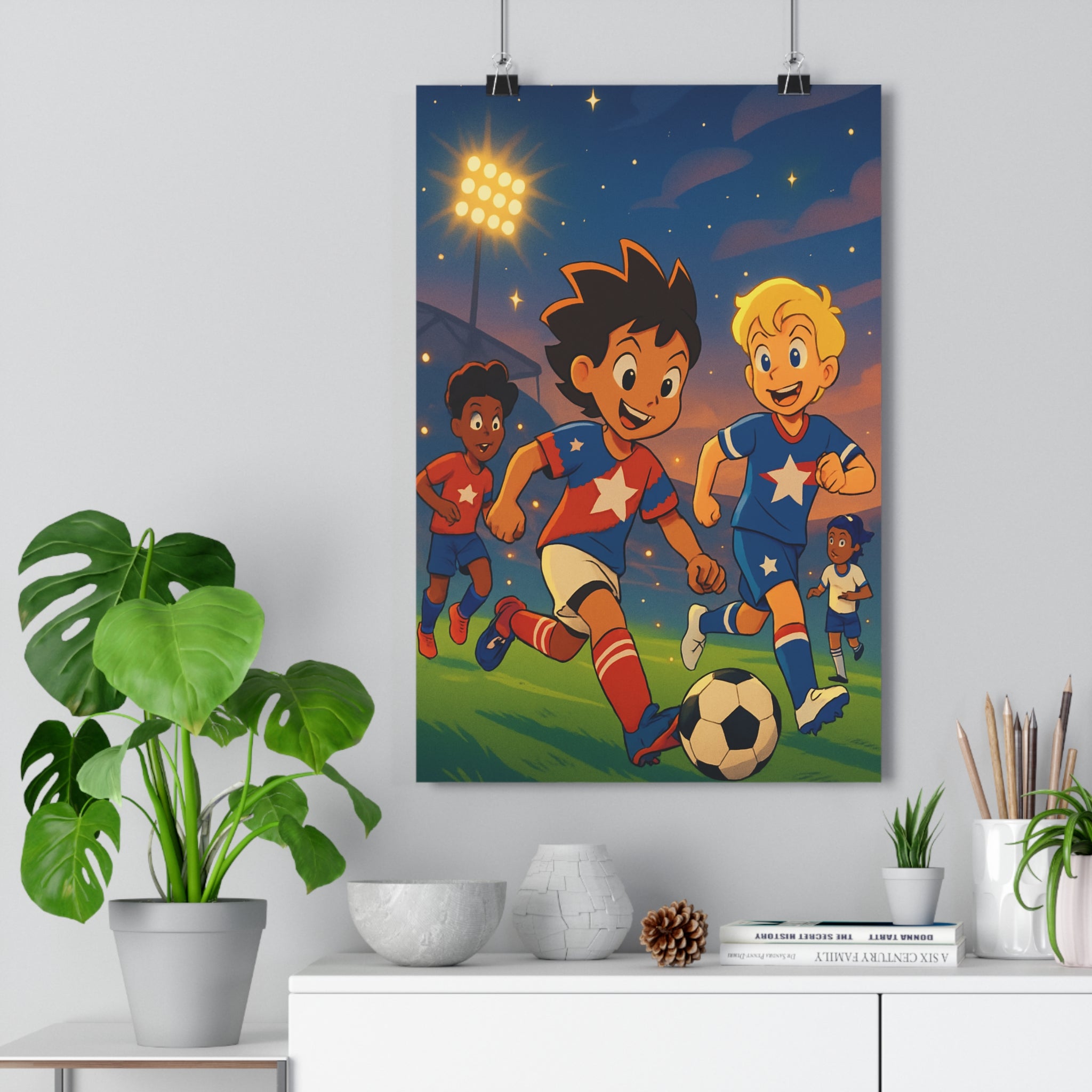 Poster décoratif anime étoiles football joyeux nocturne enfant coloré dynamique futuriste vibrant chambre mur