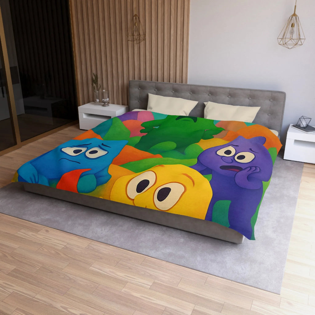 Housse de couette colorée avec personnages expressifs sur fond de collines arc-en-ciel