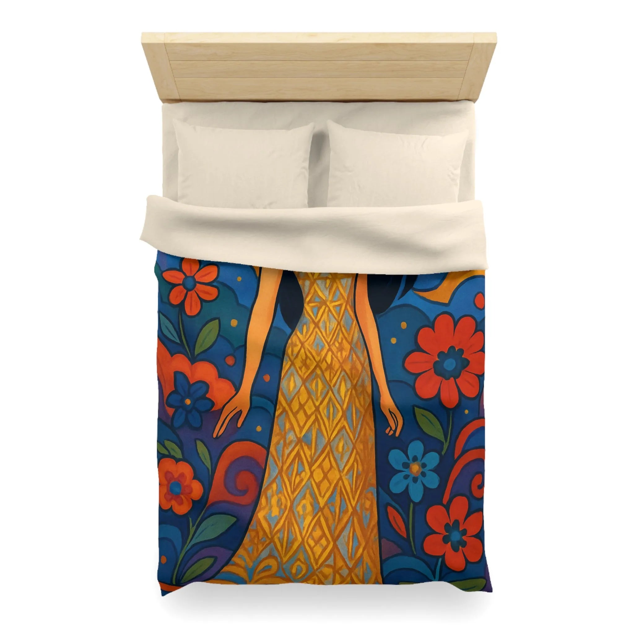 Housse de couette artistique avec motif floral vibrant et silhouette élégante féminine