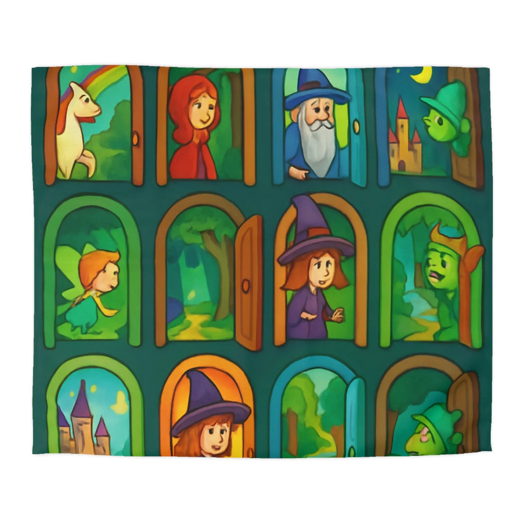 Enchantement magique avec motifs de sorcières, chevaux, et châteaux sur housse de couette