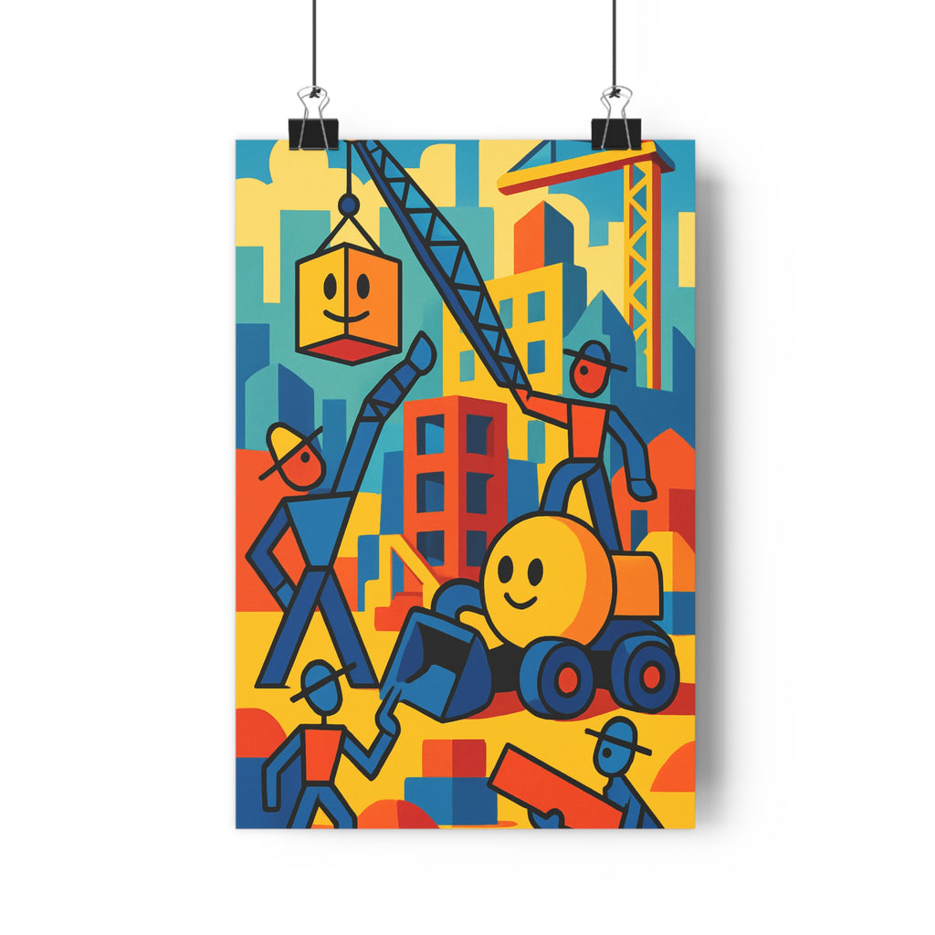 Poster décoratif cartoon futuriste construction bleu jaune orange joyeux bureau chambre enfant 30x46 cm