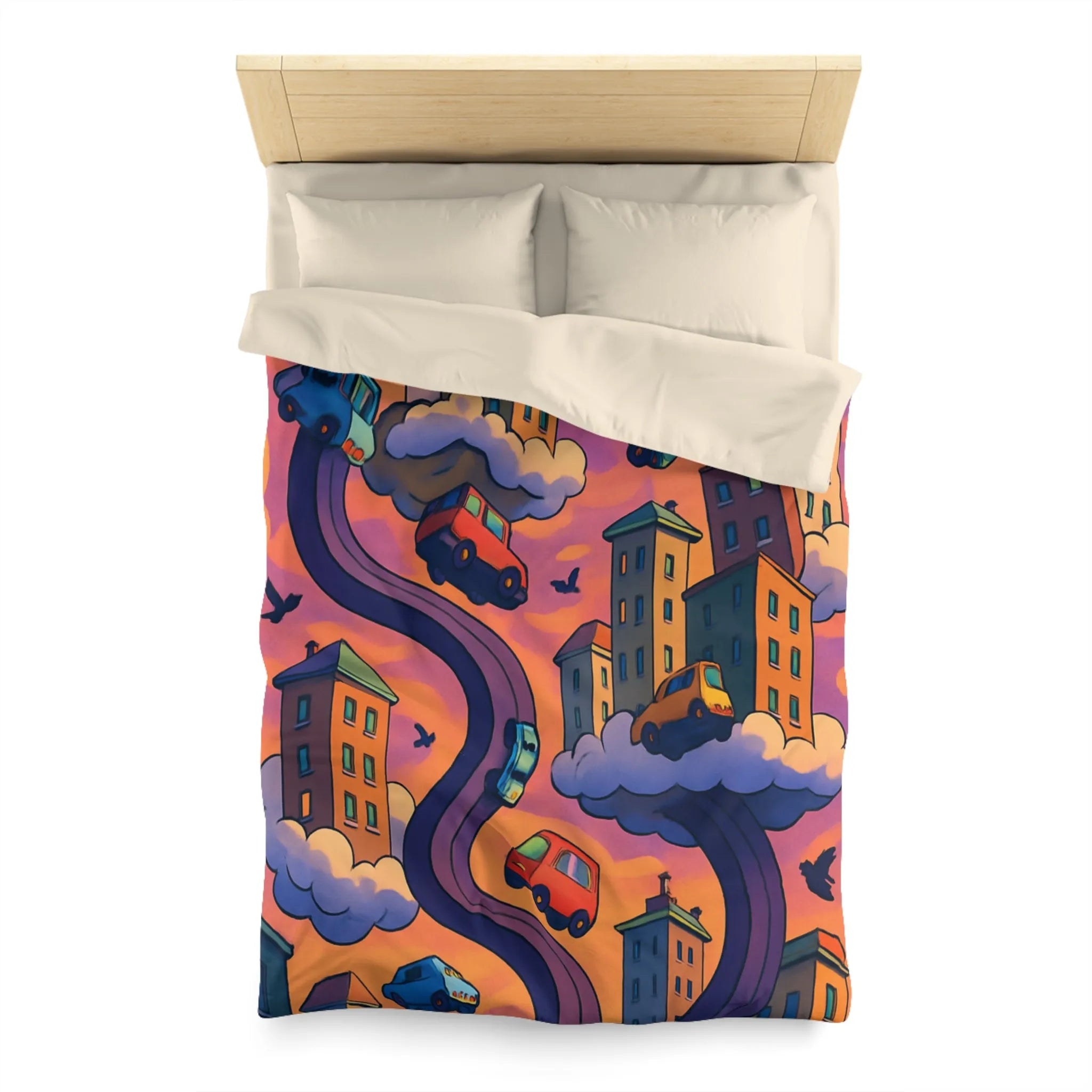 Housse de couette artistique avec voitures volantes et gratte-ciels à l'aube colorée